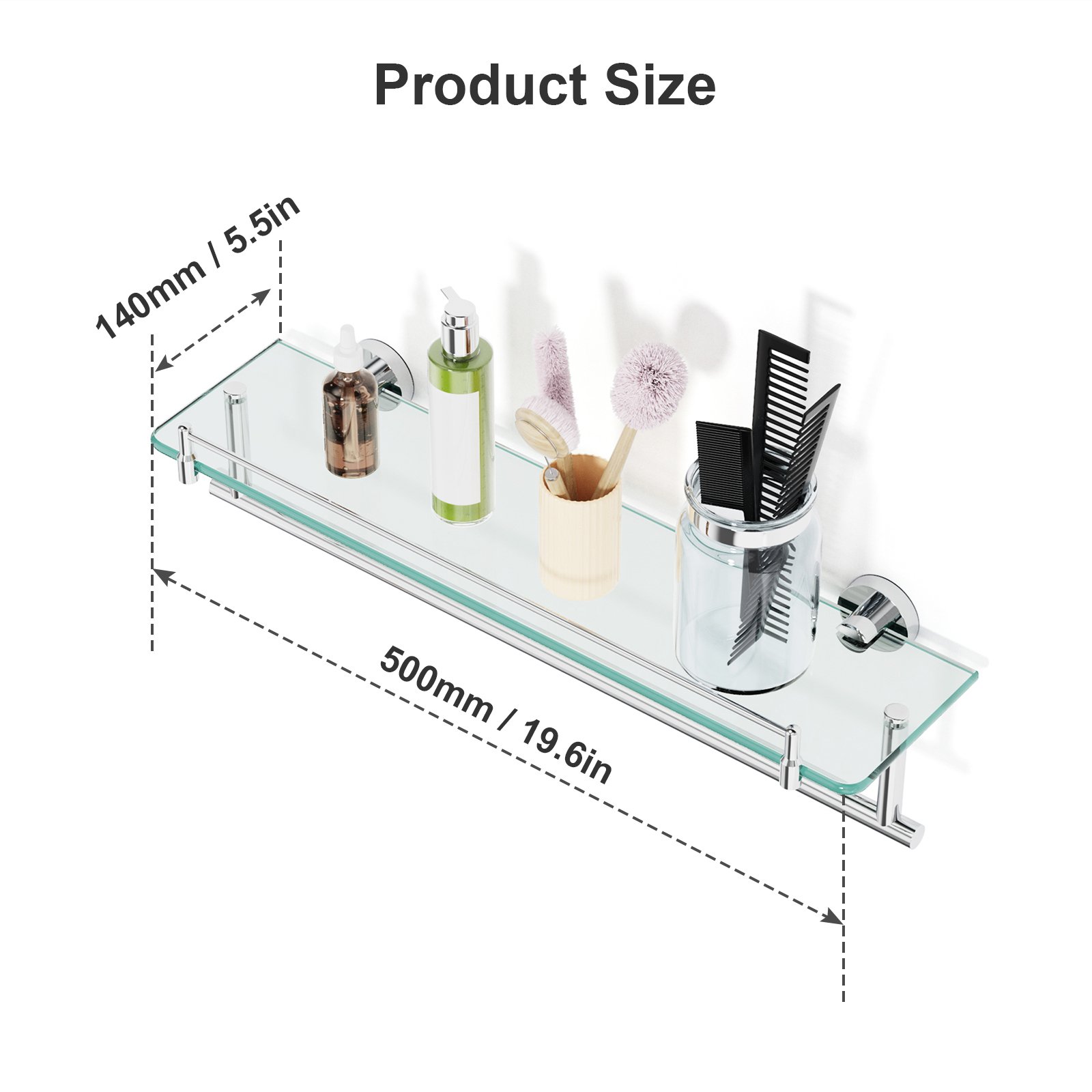 Bathroom Glass Shelf, Floating Tempered Glass Wall Shelf, Rectangle, 20‑inch with Railing, Modern, Wall Mounted, 2 Pack - 图片 2