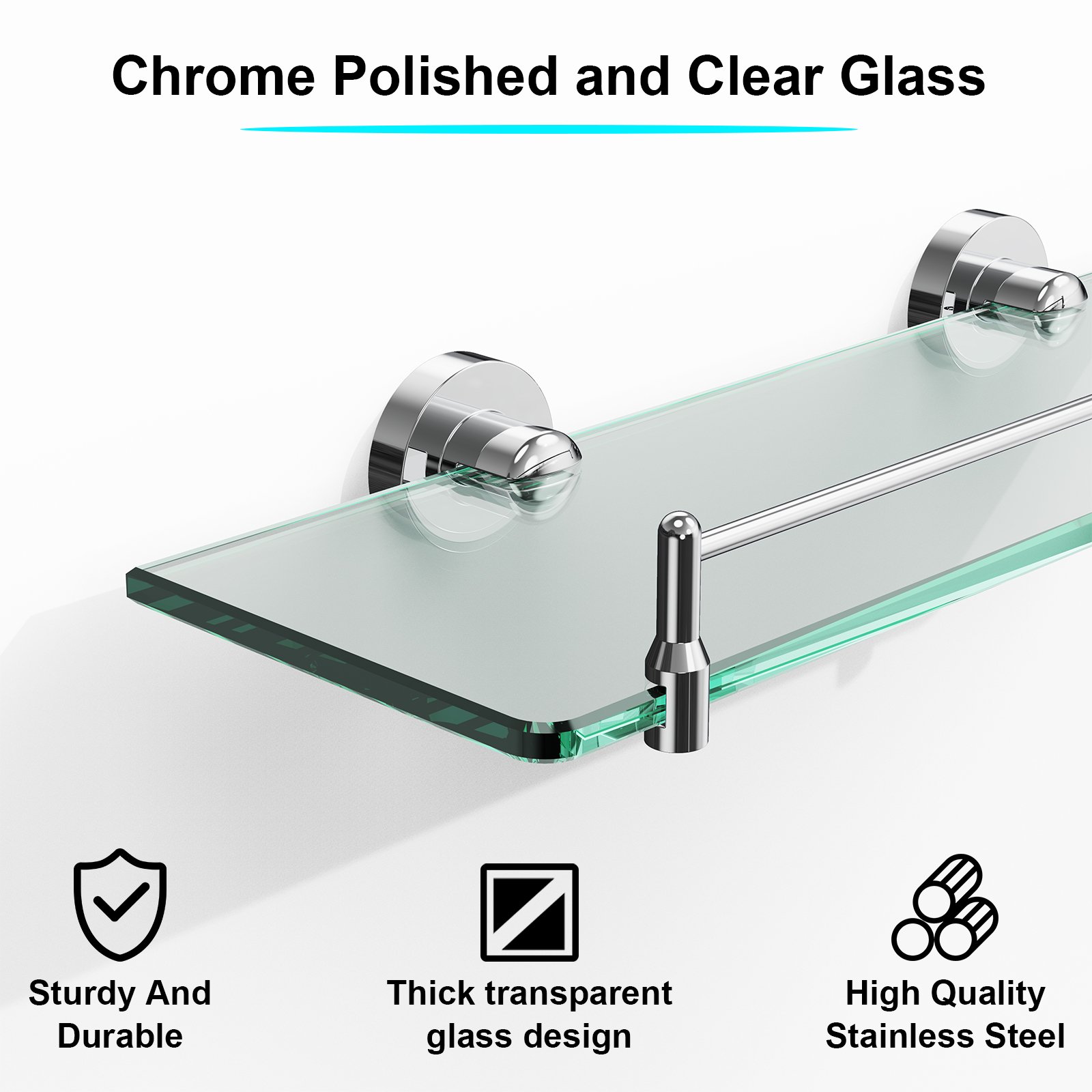 Bathroom Glass Shelf, Floating Tempered Glass Wall Shelf, Rectangle, 16‑inch with Railing, Chrome Polished, Modern, Wall Mounted, 2 Pack - 图片 3