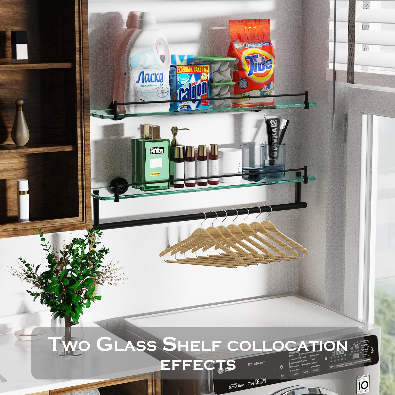 Bathroom Glass Shelf, Floating Stainless Steel Tempered Glass Wall Shelf, Rectangle, 24‑inch, Matte Black, Modern, Wall Mounted, 2 Pack - 图片 5