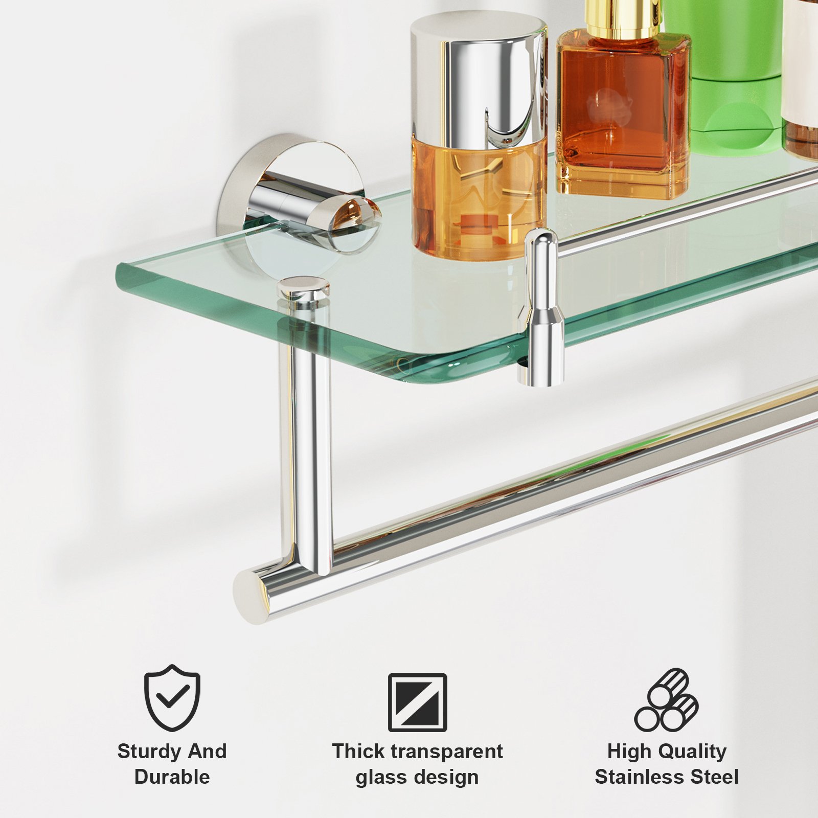 Bathroom Glass Shelf, Floating Tempered Glass Wall Shelf, Rectangle, 20‑inch with Railing, Modern, Wall Mounted, 2 Pack - 图片 4