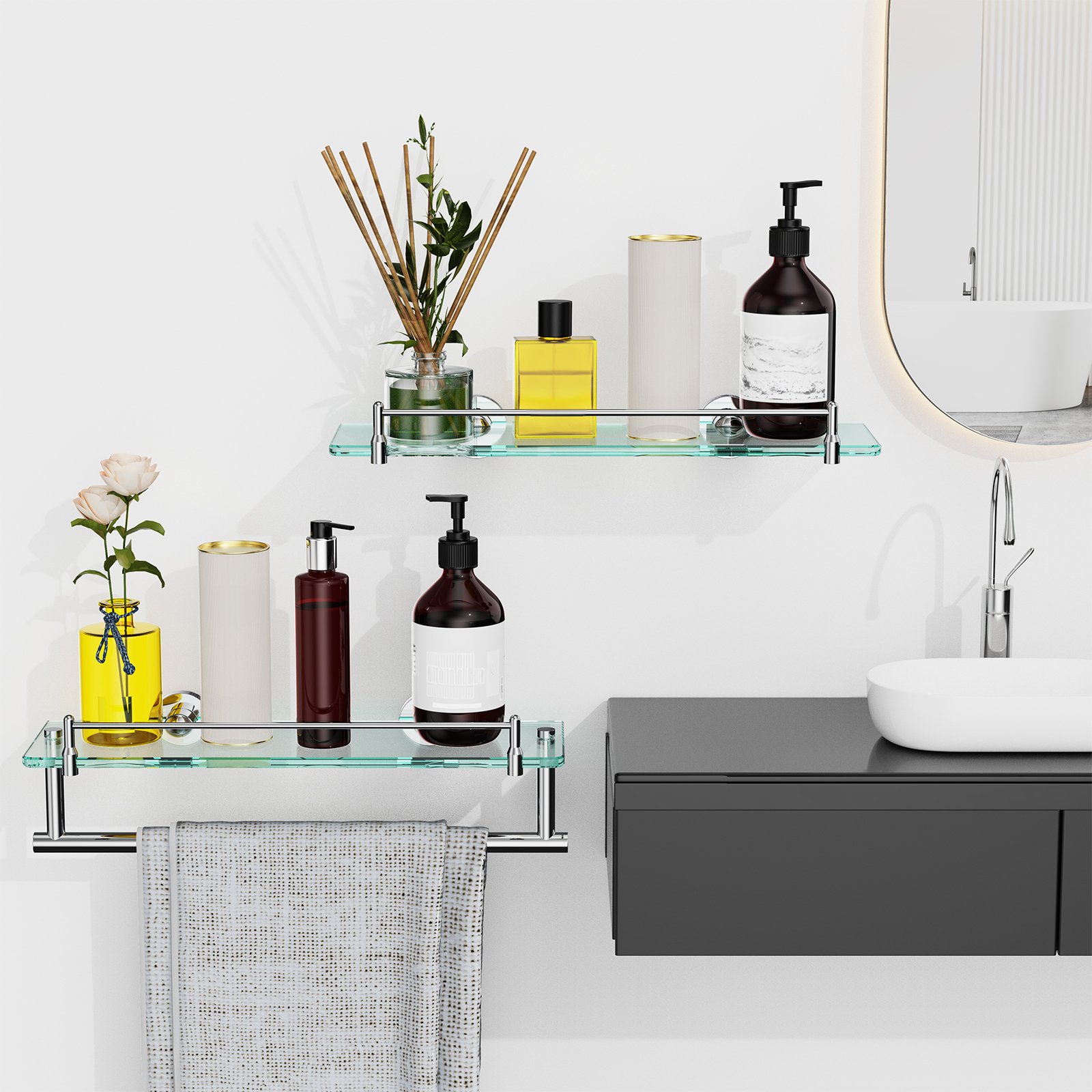 Bathroom Glass Shelf, Floating Tempered Glass Wall Shelf, Rectangle, 16‑inch with Railing, Chrome Polished, Modern, Wall Mounted, 2 Pack - 图片 5