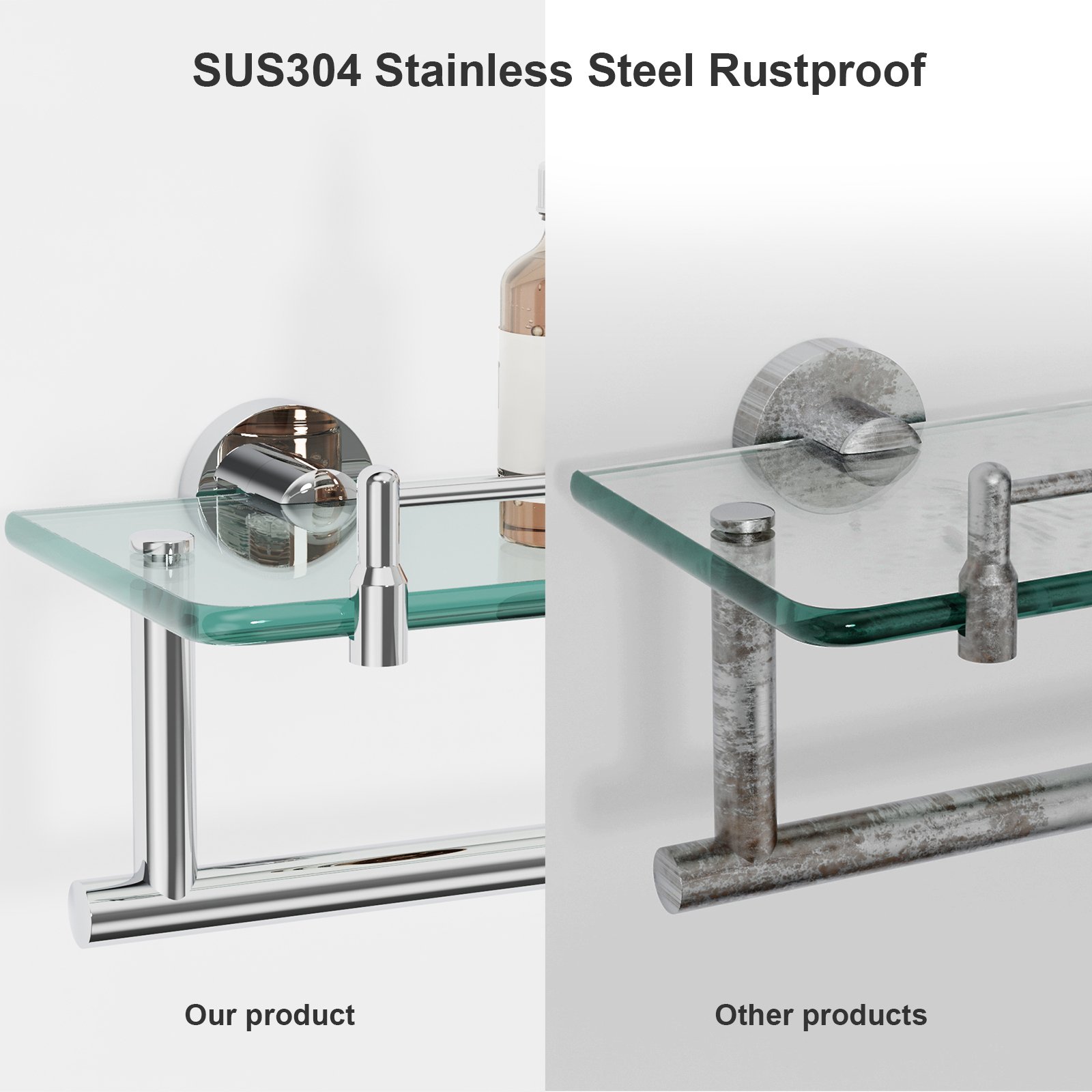 Bathroom Glass Shelf, Floating Tempered Glass Wall Shelf, Rectangle, 20‑inch with Railing, Modern, Wall Mounted, 2 Pack - 图片 5