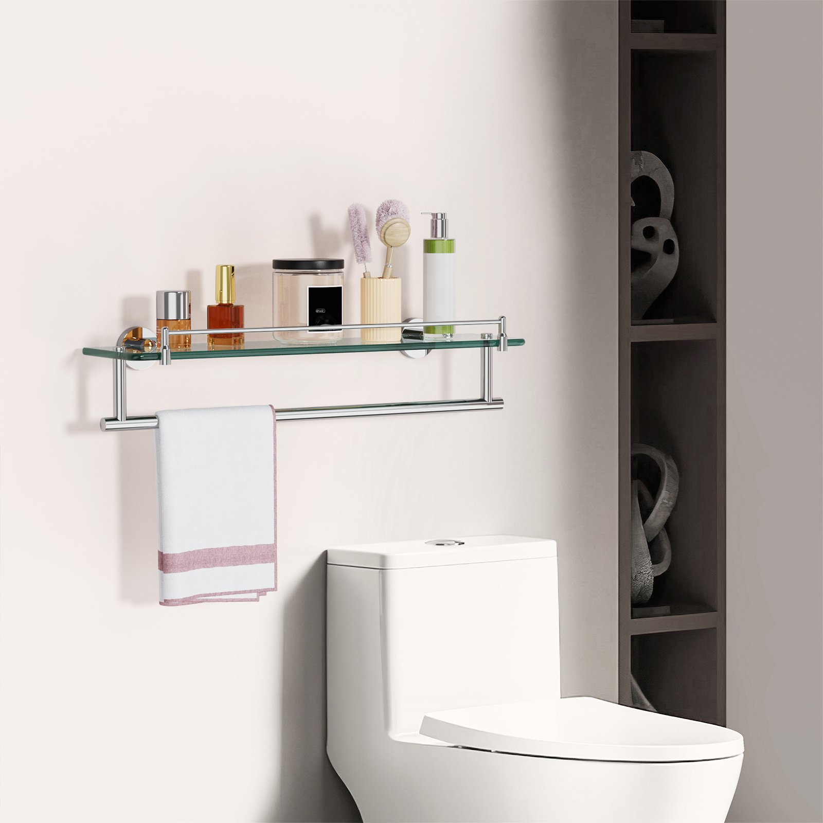 Bathroom Glass Shelf, Floating Tempered Glass Wall Shelf, Rectangle, 20‑inch with Railing, Modern, Wall Mounted, 2 Pack - 图片 6