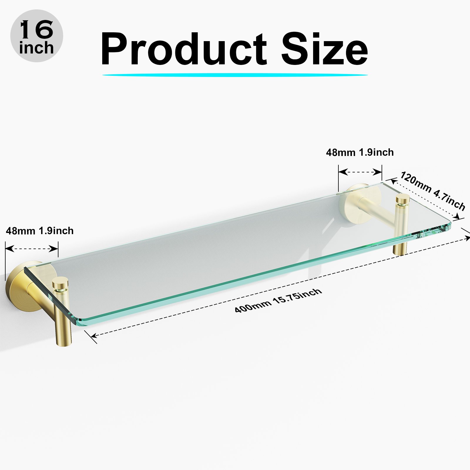 Bathroom Glass Shelf, Floating Stainless Steel Tempered Glass Wall Shelf, Rectangle, 16‑inch, Brushed Gold, Modern, Wall Mounted, 2 Pack - 图片 2