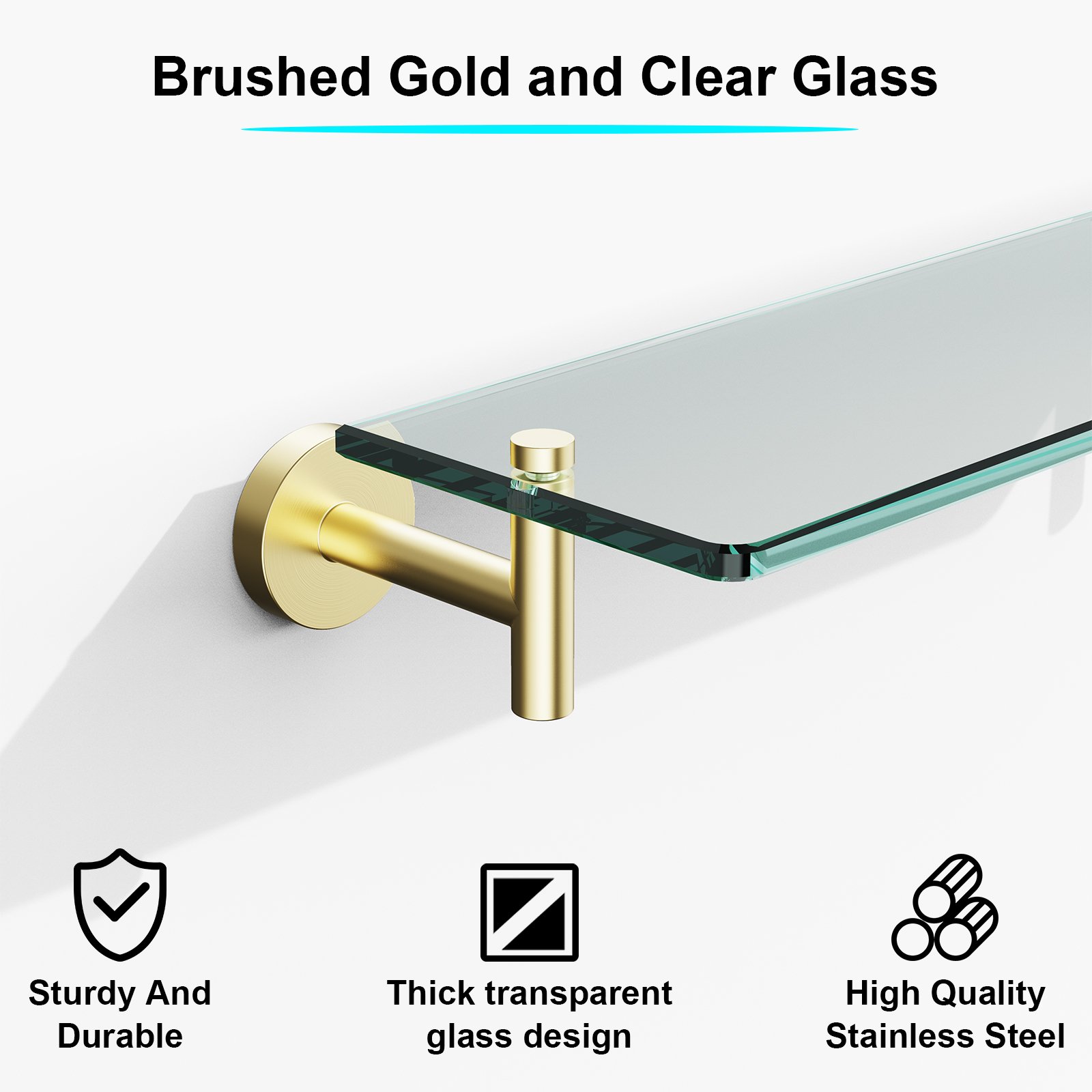 Bathroom Glass Shelf, Floating Stainless Steel Tempered Glass Wall Shelf, Rectangle, 16‑inch, Brushed Gold, Modern, Wall Mounted, 2 Pack - 图片 3