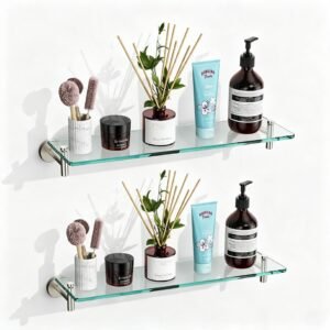 Bathroom Glass Shelf, Floating Stainless Steel Tempered Glass Wall Shelf, Rectangle, 20‑inch, Brushed Nickel, Modern, Wall Mounted, 2 Pack
