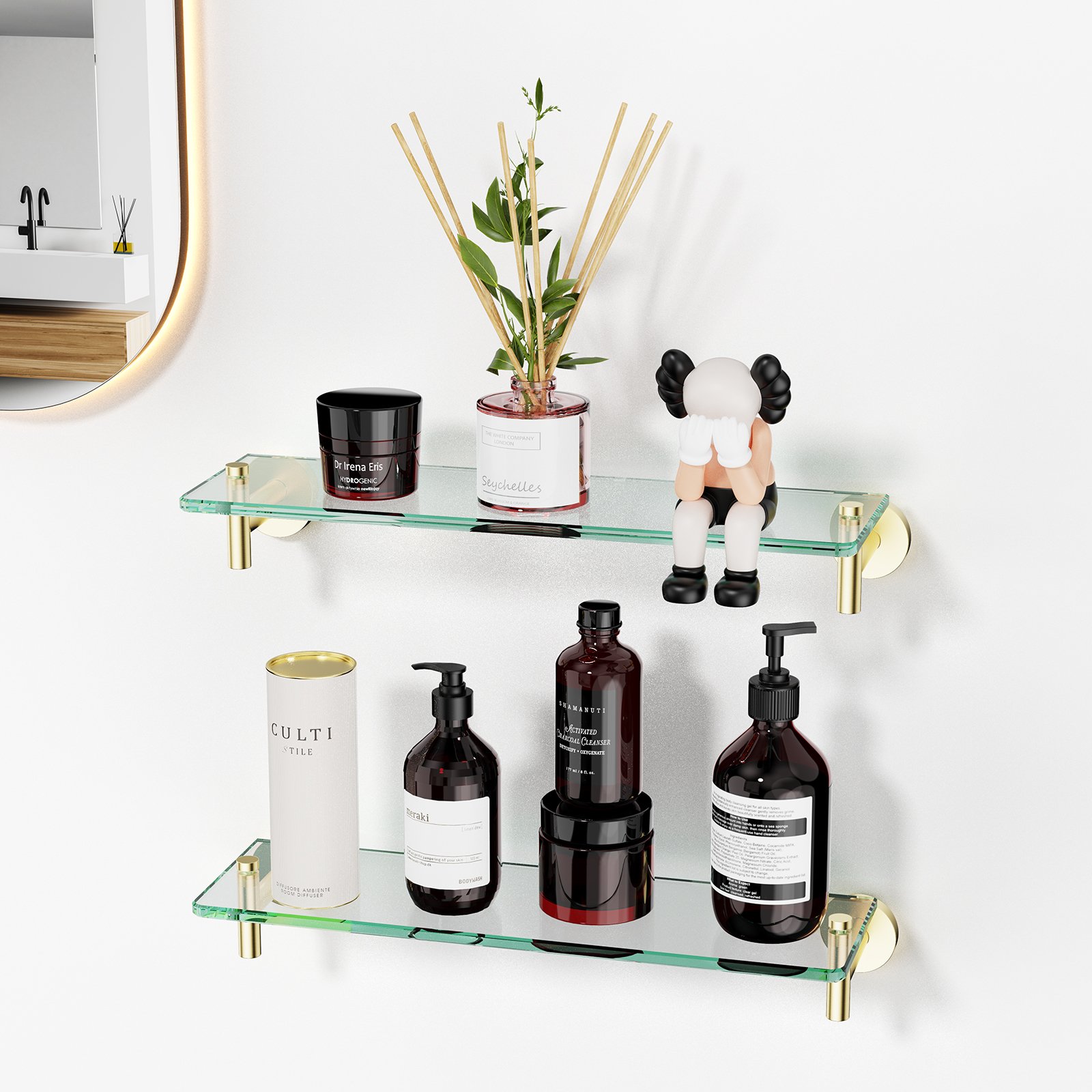 Bathroom Glass Shelf, Floating Stainless Steel Tempered Glass Wall Shelf, Rectangle, 16‑inch, Brushed Gold, Modern, Wall Mounted, 2 Pack - 图片 5