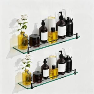 Bathroom Glass Shelf, Floating Stainless Steel Tempered Glass Wall Shelf, Rectangle, 20‑inch, Matte Black, Modern, Wall Mounted, 2 Pack