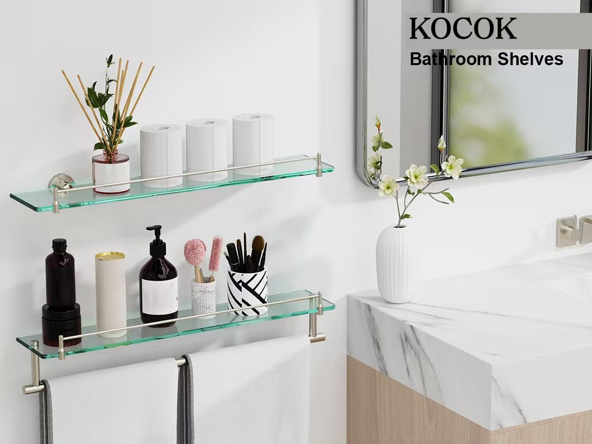 Bathroom Glass Shelf, Floating Stainless Steel Tempered Glass Wall Shelf, Rectangle, 20‑inch, Brushed Nickel, Modern, Wall Mounted, 2 Pack - 图片 2