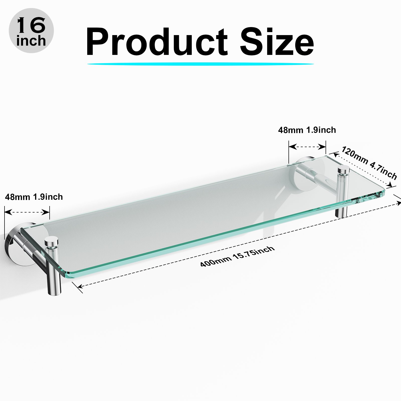 Bathroom Glass Shelf, Floating Tempered Glass Wall Shelf, Rectangle, 16‑inch, Chrome Polished, Modern, Wall Mounted, 2 Pack - 图片 2