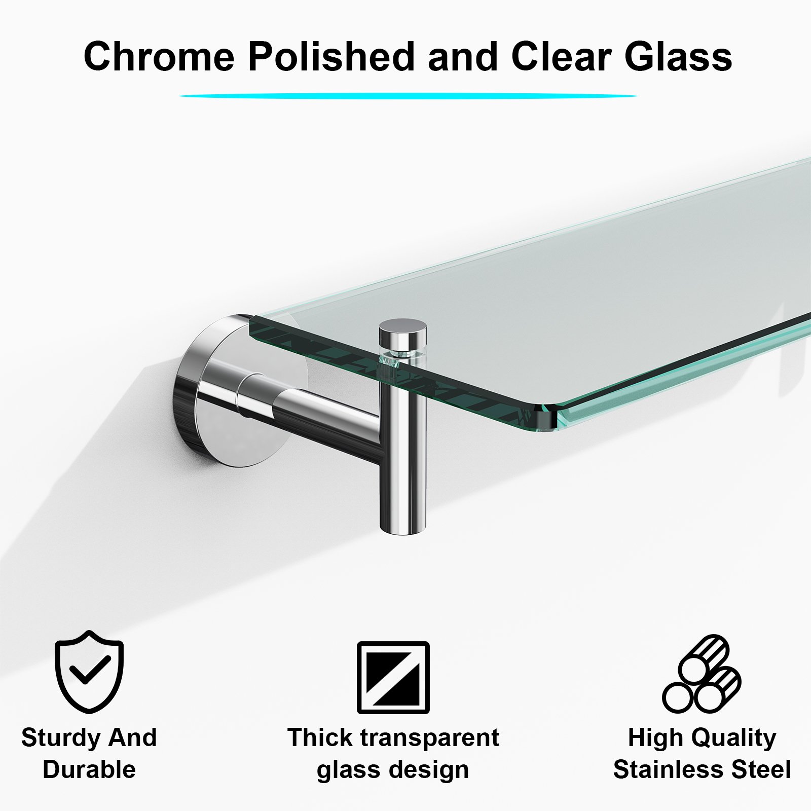 Bathroom Glass Shelf, Floating Tempered Glass Wall Shelf, Rectangle, 16‑inch, Chrome Polished, Modern, Wall Mounted, 2 Pack - 图片 3