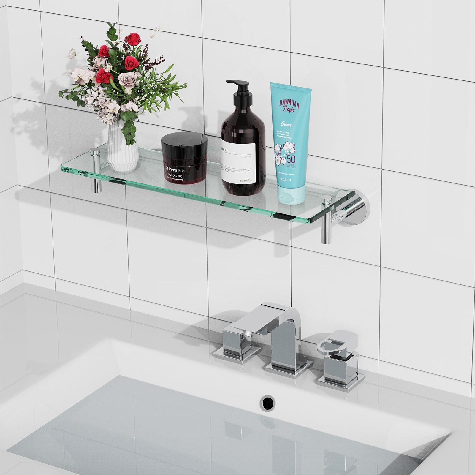 Bathroom Glass Shelf, Floating Tempered Glass Wall Shelf, Rectangle, 16‑inch, Chrome Polished, Modern, Wall Mounted, 2 Pack - 图片 5