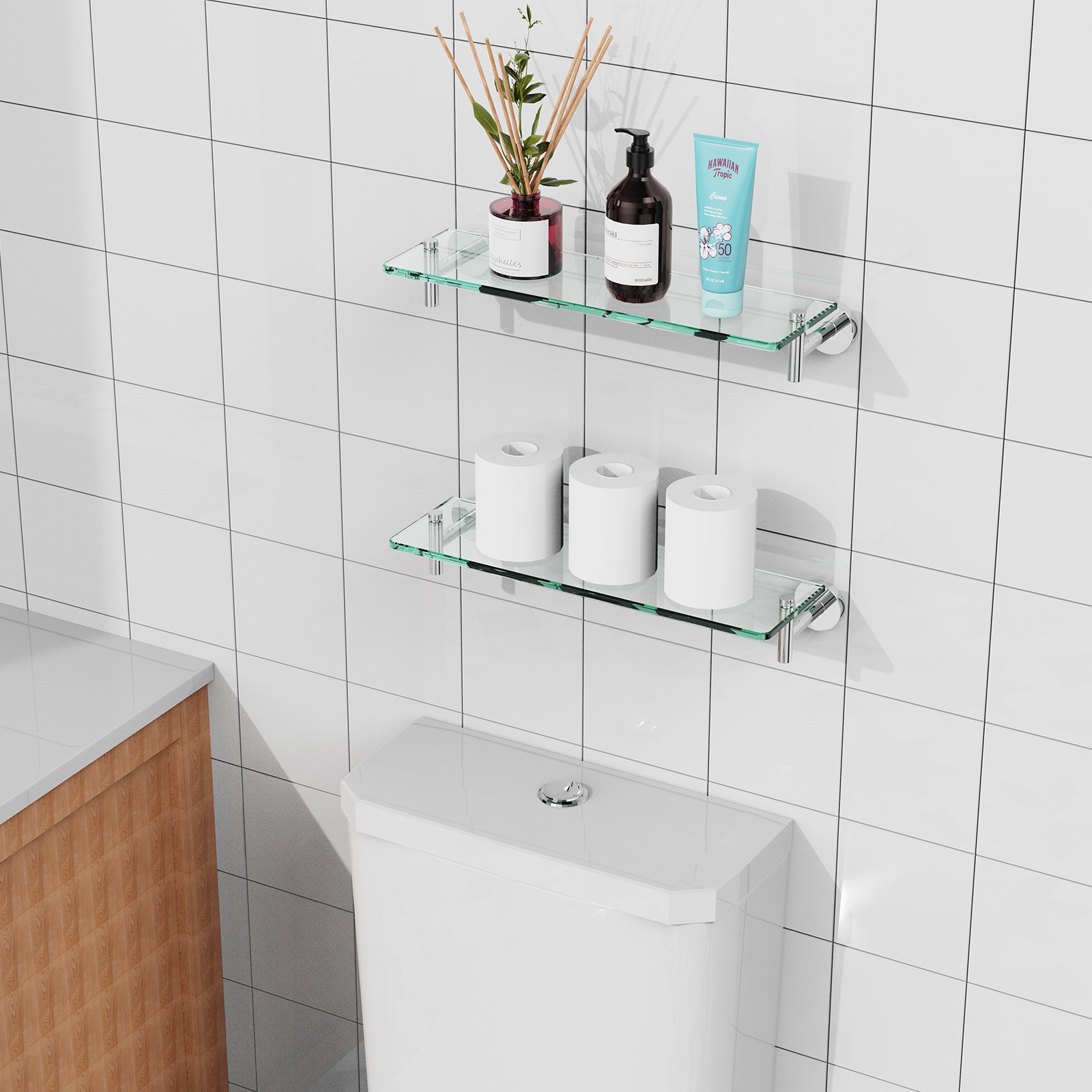 Bathroom Glass Shelf, Floating Tempered Glass Wall Shelf, Rectangle, 16‑inch, Chrome Polished, Modern, Wall Mounted, 2 Pack - 图片 6