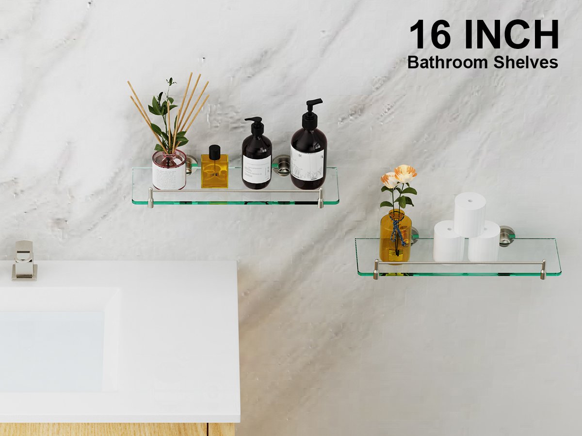 Bathroom Glass Shelf, Floating Tempered Glass Wall Shelf, Rectangle, 16‑inch with Railing, Chrome Polished, Modern, Wall Mounted, 2 Pack - 图片 6