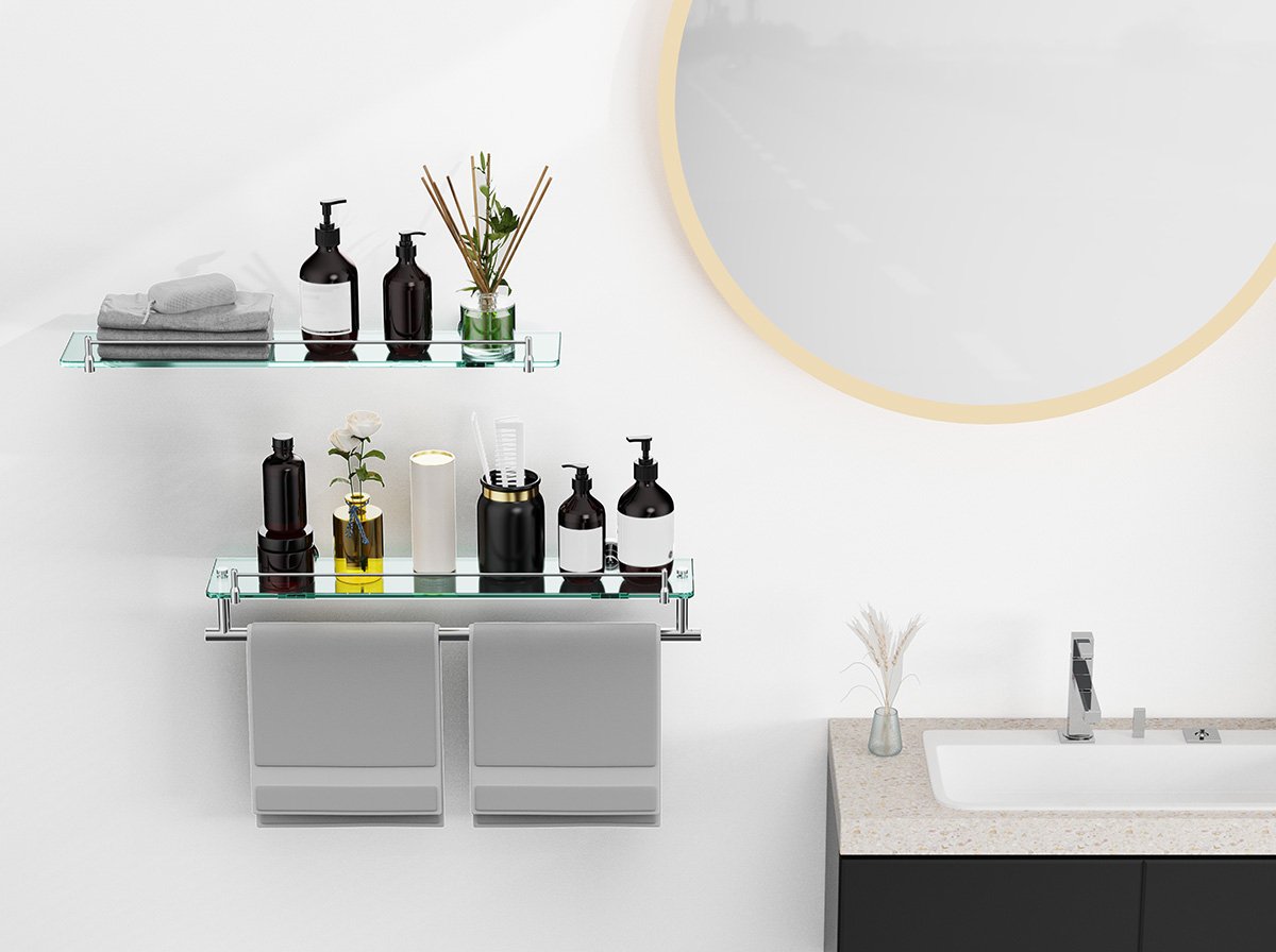 Bathroom Glass Shelf, Floating Stainless Steel Tempered Glass Wall Shelf, Rectangle, 24‑inch, Chrome Polished, Modern, Wall Mounted, 2 Pack - 图片 6
