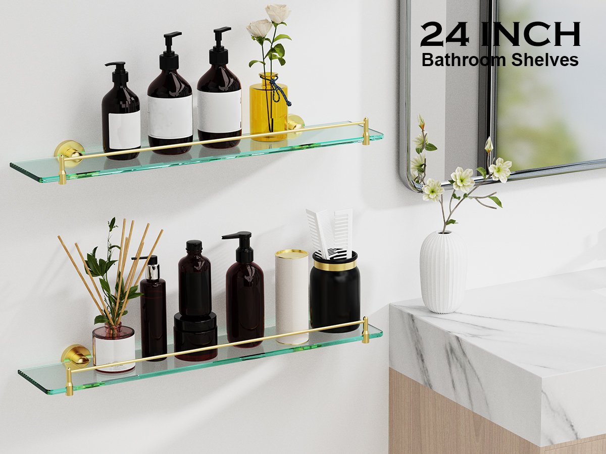 Bathroom Glass Shelf, Floating Stainless Steel Tempered Glass Wall Shelf, Rectangle, 24‑inch, Brushed Gold, Modern, Wall Mounted, 2 Pack - 图片 7