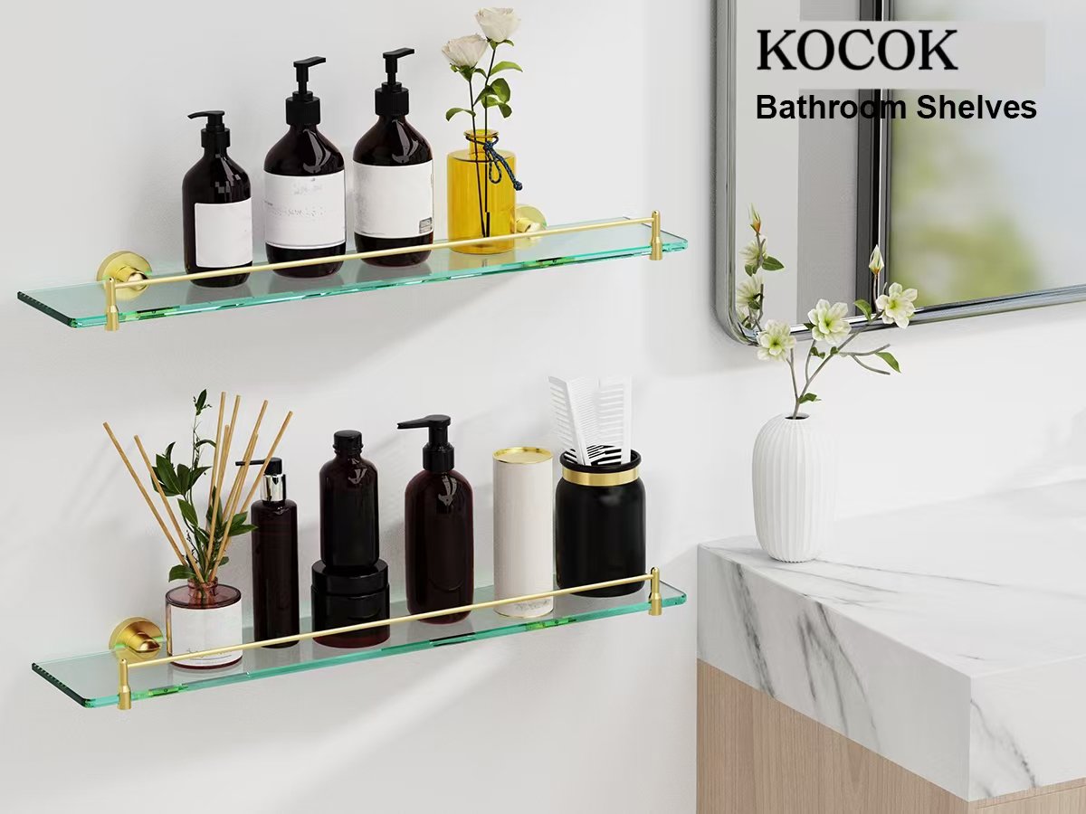 Bathroom Glass Shelf, Floating Stainless Steel Tempered Glass Wall Shelf, Rectangle, 20‑inch, Brushed Gold, Modern, Wall Mounted, 2 Pack - 图片 2