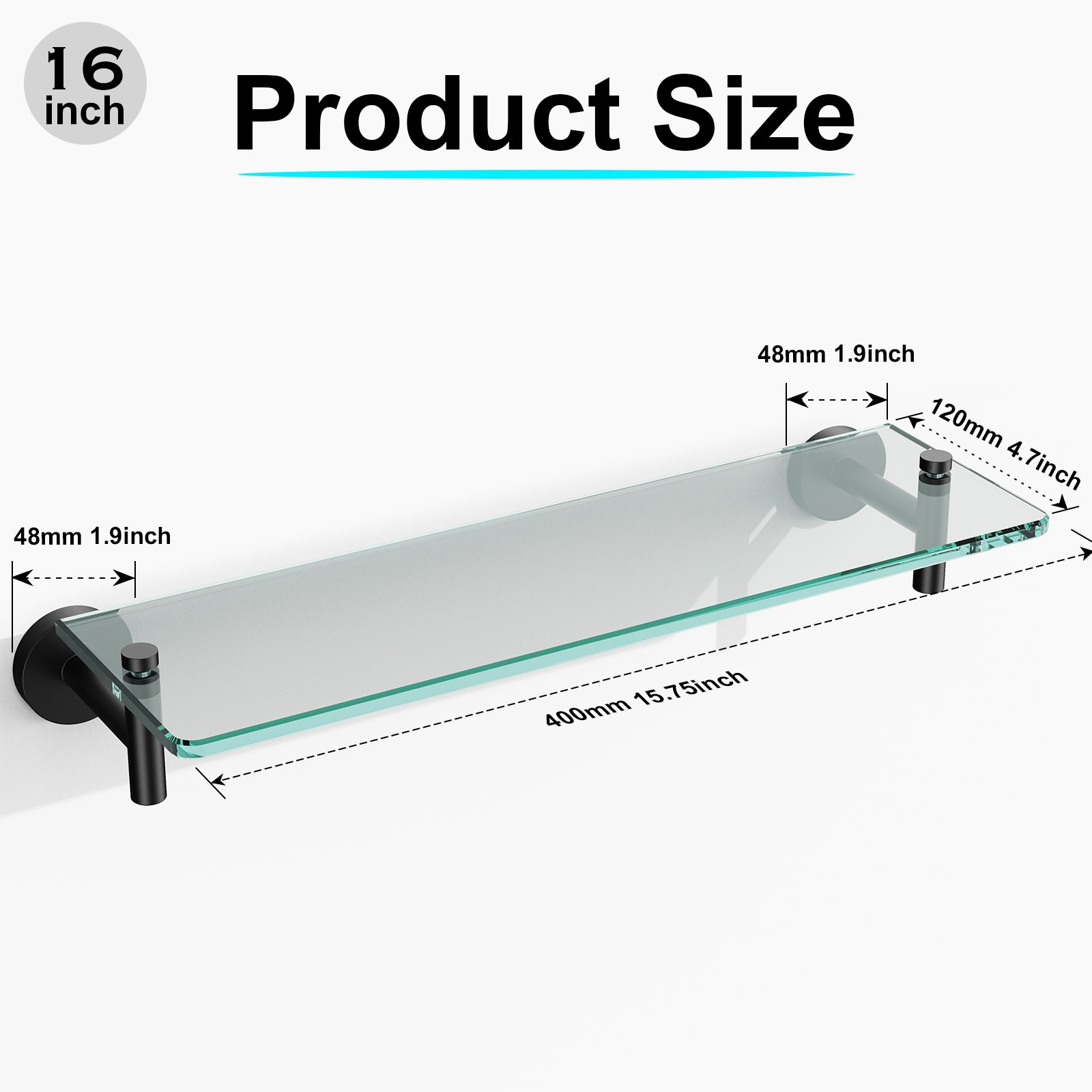 Bathroom Glass Shelf, Floating Stainless Steel Tempered Glass Wall Shelf, Rectangle, 16‑inch, Matte Black, Modern, Wall Mounted, 2 Pack - 图片 2