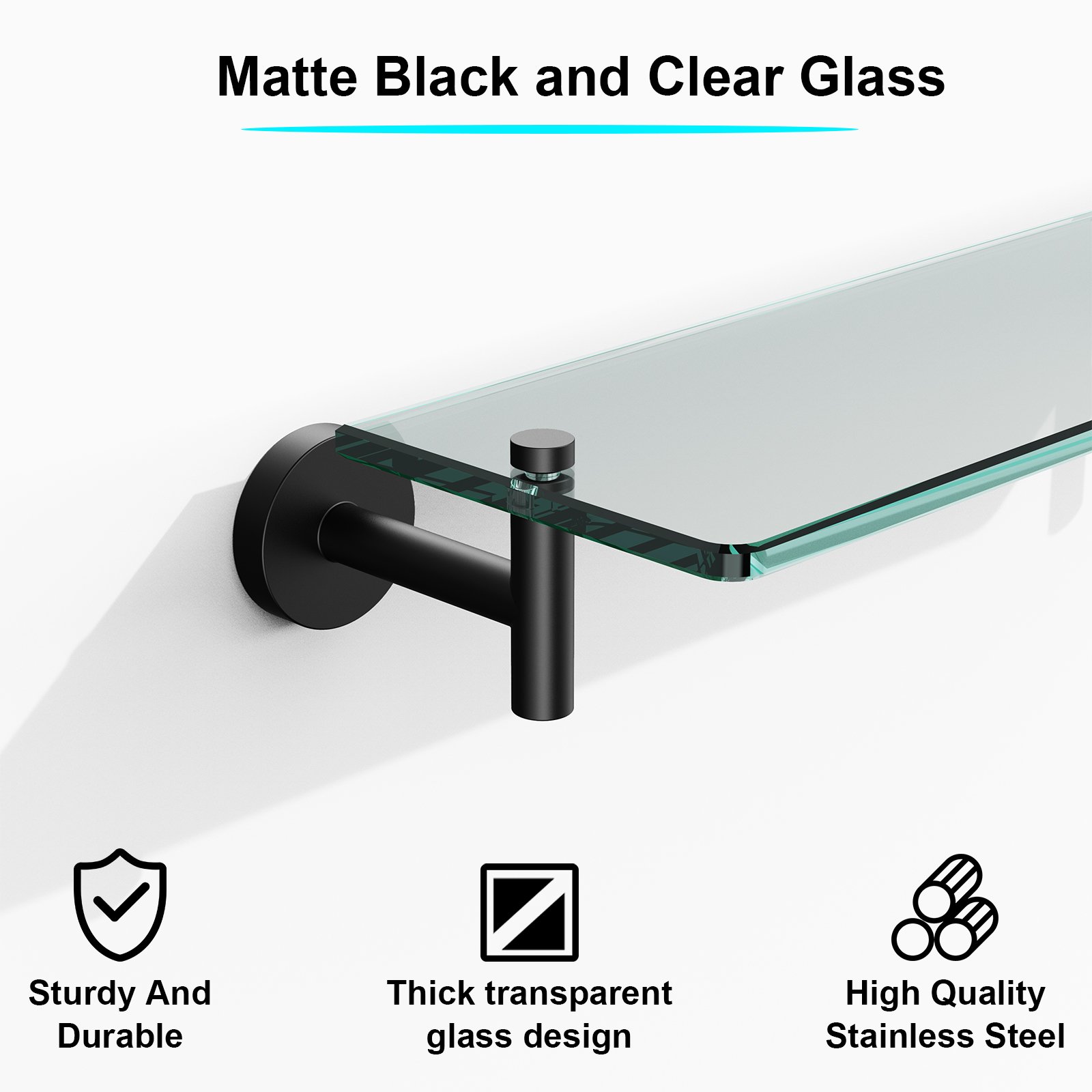 Bathroom Glass Shelf, Floating Stainless Steel Tempered Glass Wall Shelf, Rectangle, 16‑inch, Matte Black, Modern, Wall Mounted, 2 Pack - 图片 3