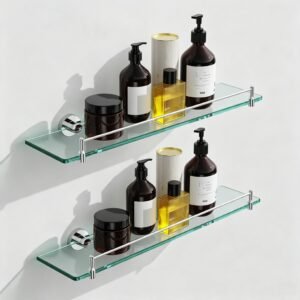 Bathroom Glass Shelf, Floating Tempered Glass Wall Shelf, Rectangle, 20‑inch with Railing, Chrome Polished, Modern, Wall Mounted, 2 Pack
