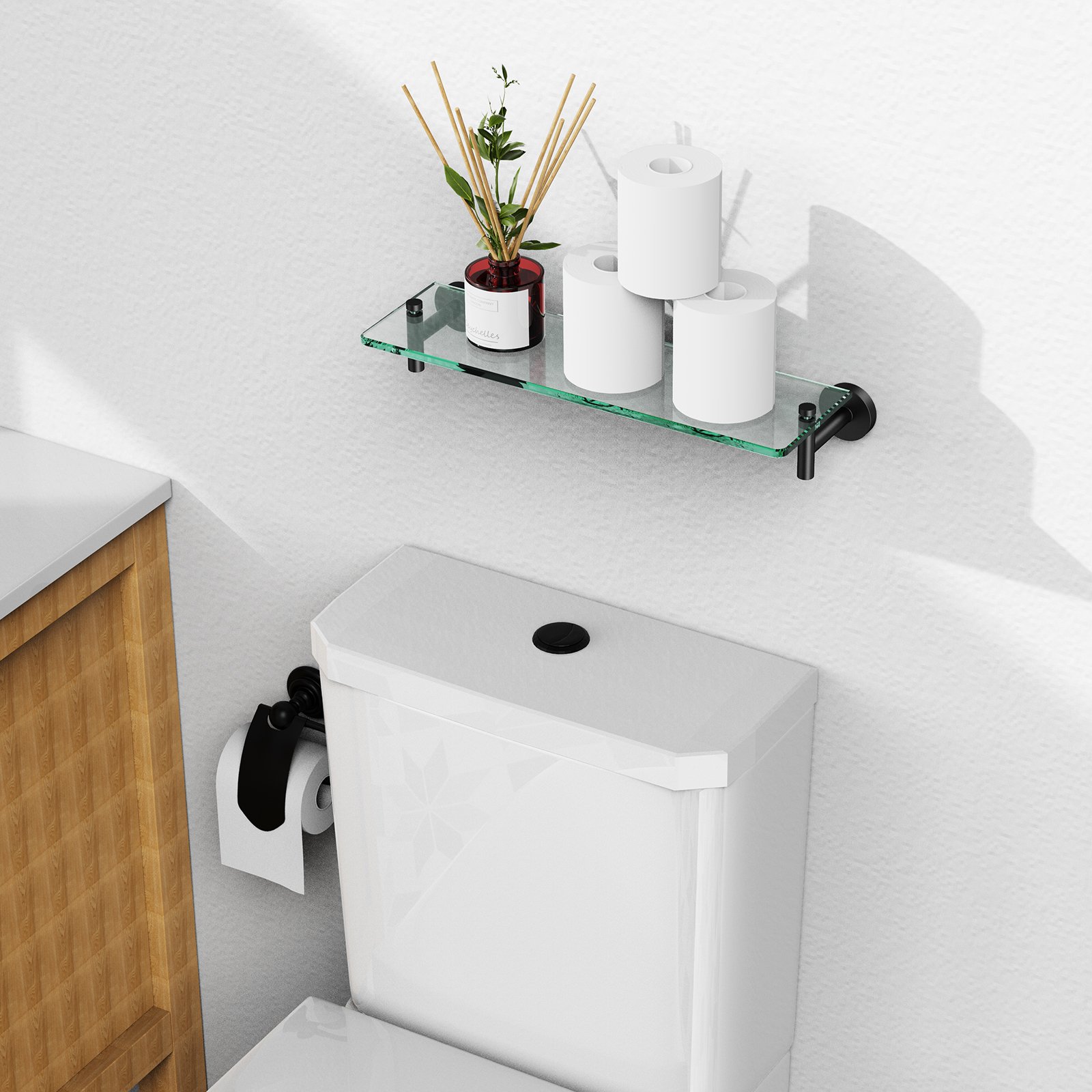 Bathroom Glass Shelf, Floating Stainless Steel Tempered Glass Wall Shelf, Rectangle, 16‑inch, Matte Black, Modern, Wall Mounted, 2 Pack - 图片 5