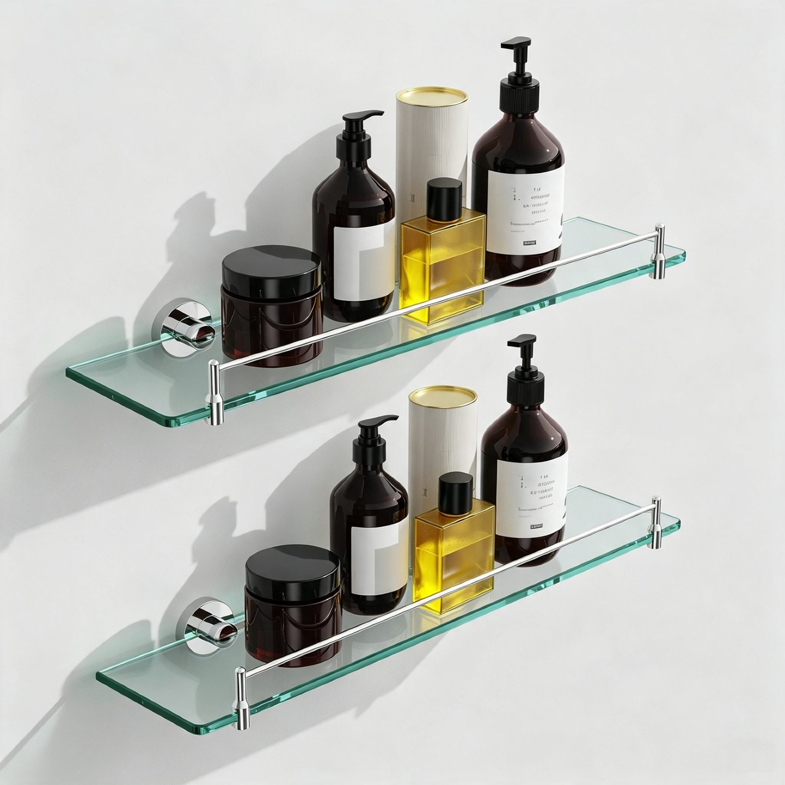 Bathroom Glass Shelf, Floating Tempered Glass Wall Shelf, Rectangle, 20‑inch with Railing, Chrome Polished, Modern, Wall Mounted, 2 Pack