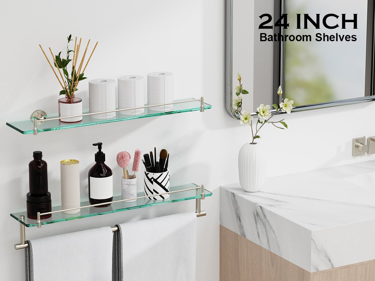 Bathroom Glass Shelf, Floating Stainless Steel Tempered Glass Wall Shelf, Rectangle, 24‑inch, Brushed Nickel, Modern, Wall Mounted, 2 Pack - 图片 7
