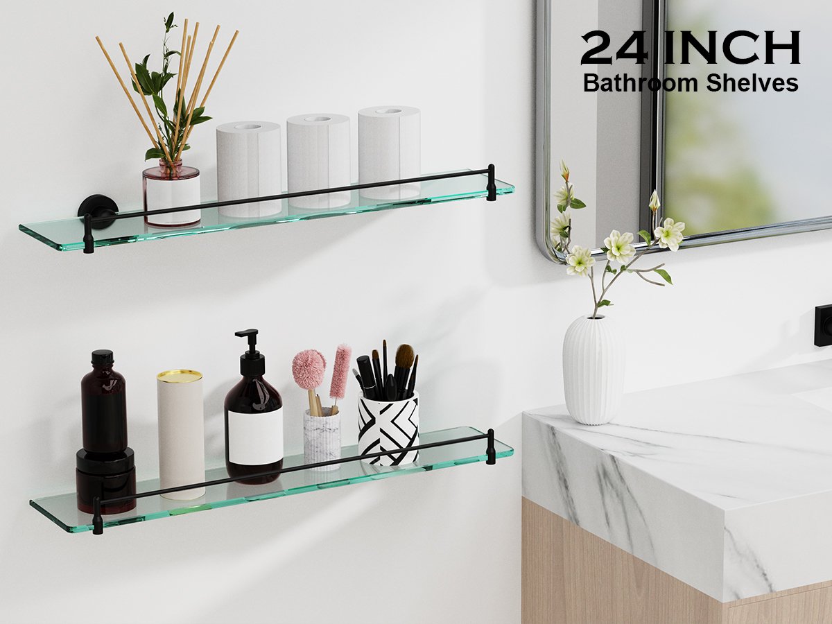 Bathroom Glass Shelf, Floating Stainless Steel Tempered Glass Wall Shelf, Rectangle, 24‑inch, Matte Black, Modern, Wall Mounted, 2 Pack - 图片 6