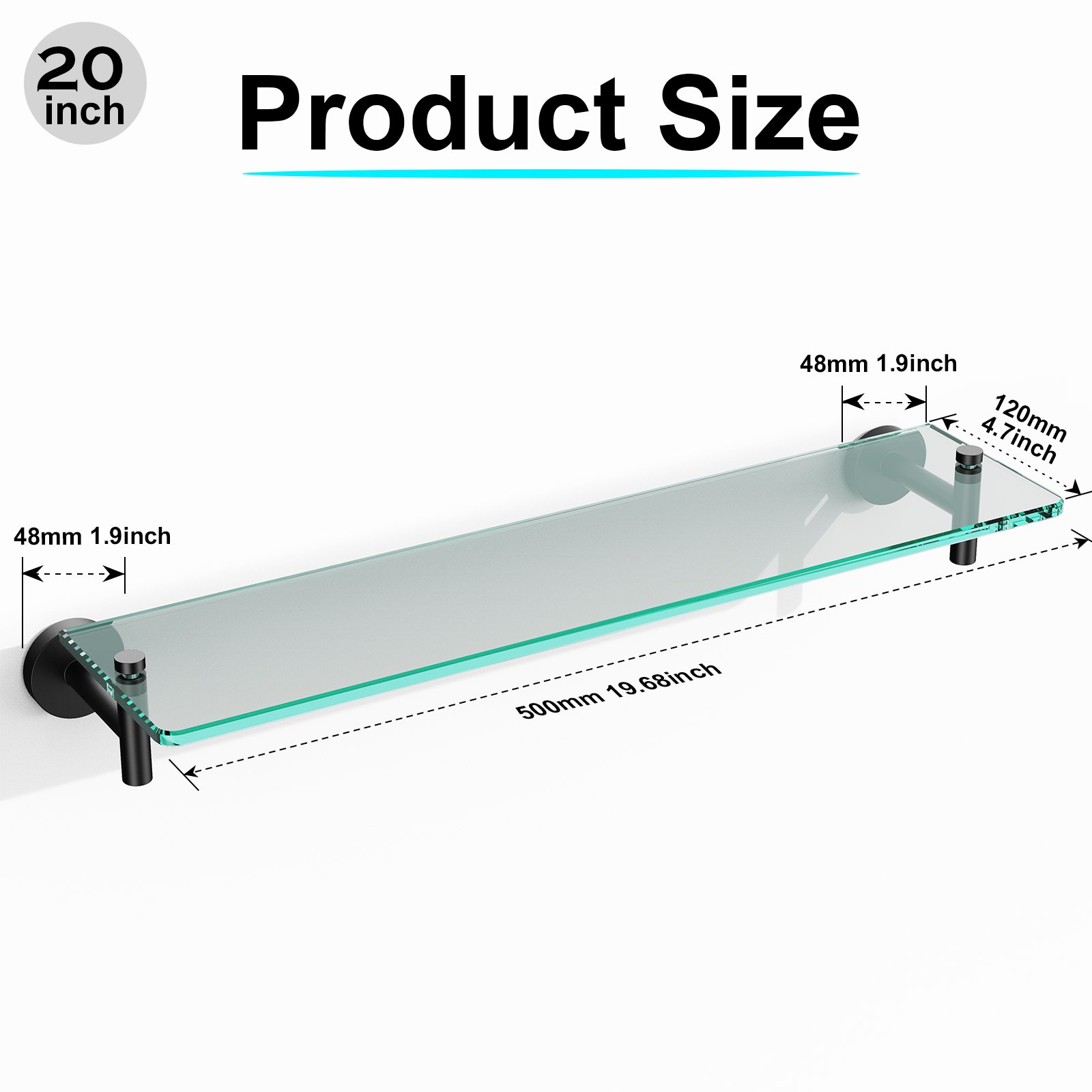 Bathroom Glass Shelf, Floating Tempered Glass Wall Shelf, Rectangle, 20-inch, Matte Black, Modern Wall Mounted 2 Pack - 图片 5