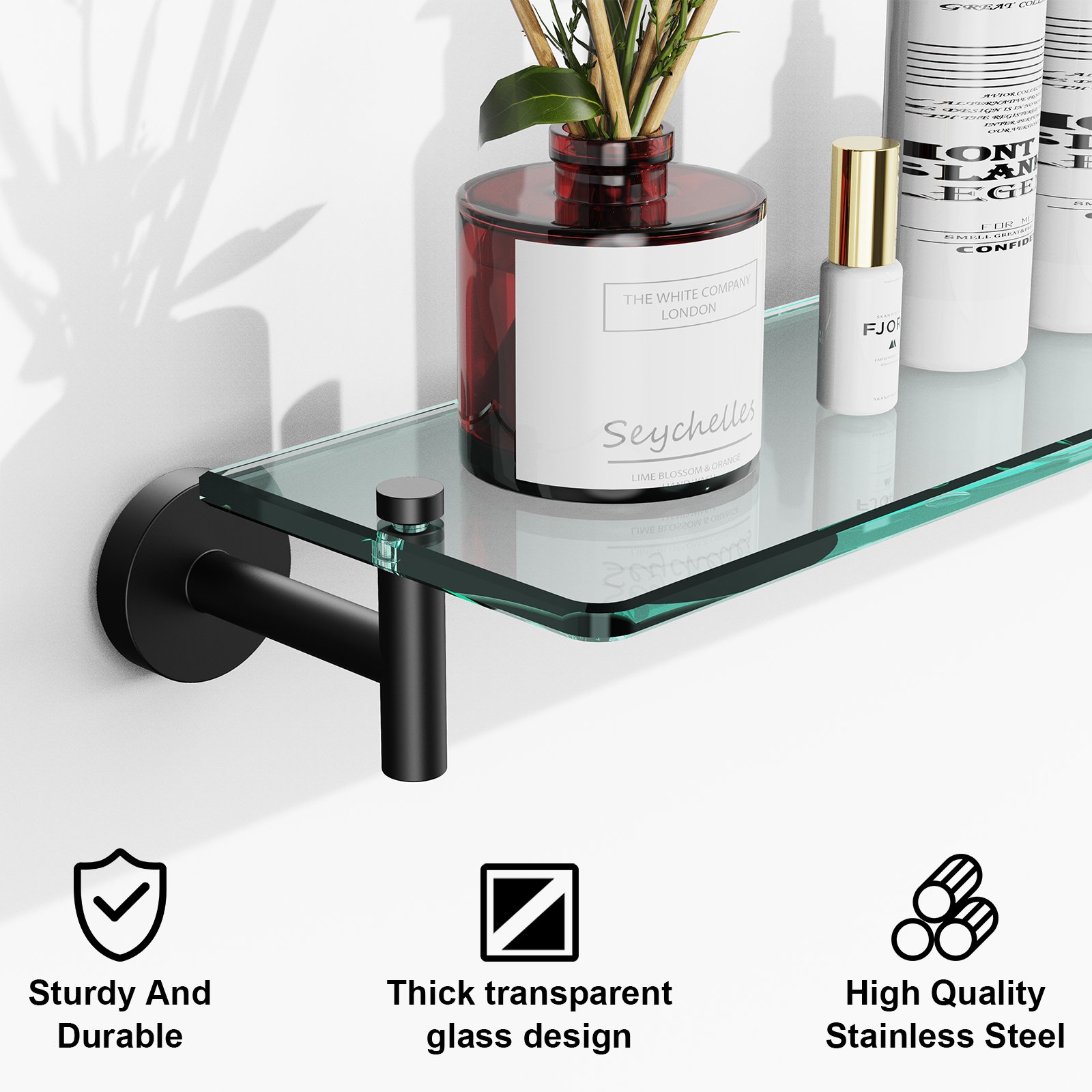 Bathroom Glass Shelf, Floating Tempered Glass Wall Shelf, Rectangle, 20-inch, Matte Black, Modern Wall Mounted 2 Pack - 图片 6