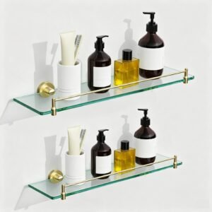 Bathroom Glass Shelf, Floating Stainless Steel Tempered Glass Wall Shelf, Rectangle, 20‑inch, Brushed Gold, Modern, Wall Mounted, 2 Pack