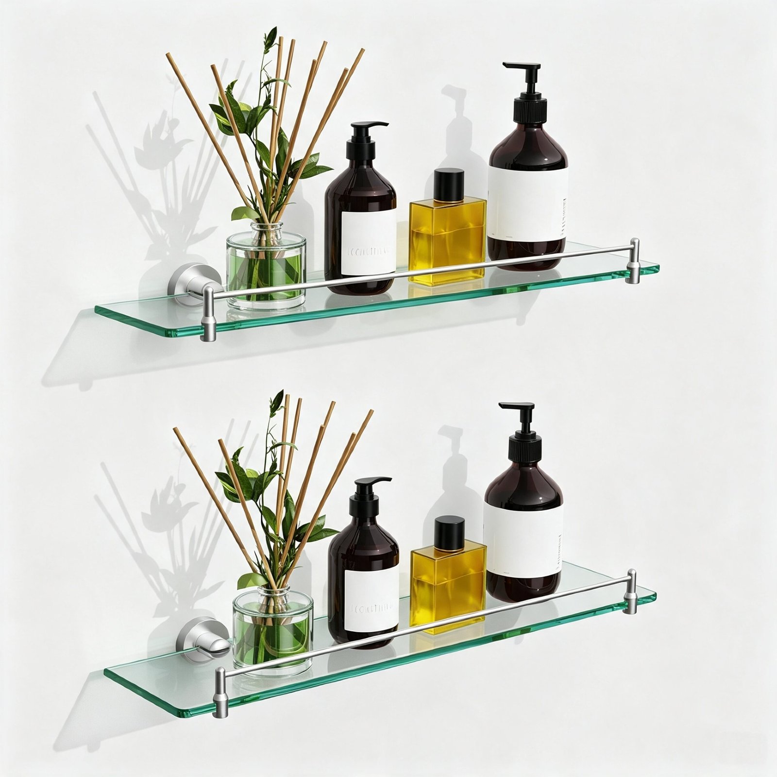 Bathroom Glass Shelf, Floating Stainless Steel Tempered Glass Wall Shelf, Rectangle, 20‑inch, Brushed Nickel, Modern, Wall Mounted, 2 Pack