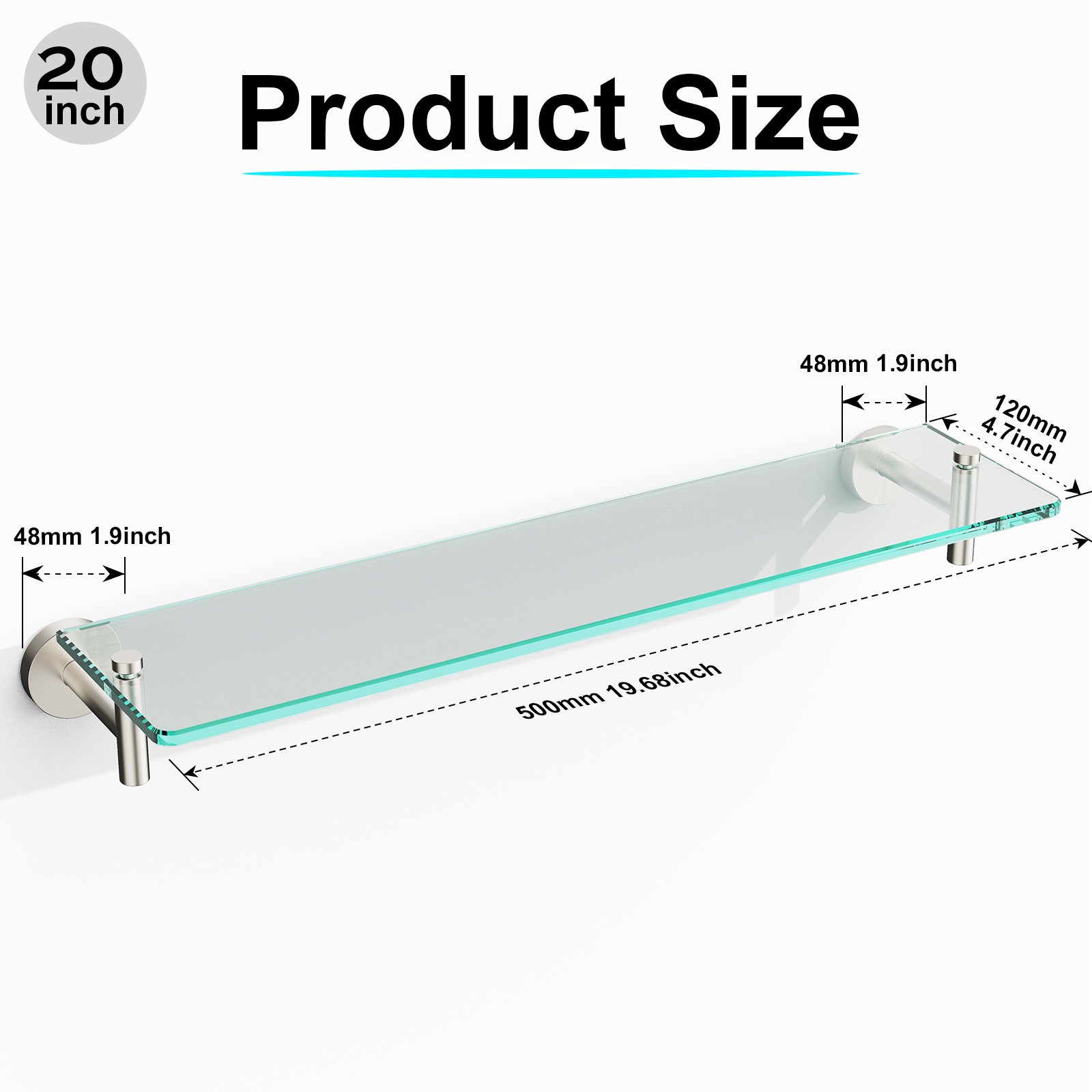 Bathroom Glass Shelf, Floating Stainless Steel Tempered Glass Wall Shelf, Rectangle, 20‑inch, Brushed Nickel, Modern, Wall Mounted, 2 Pack - 图片 6