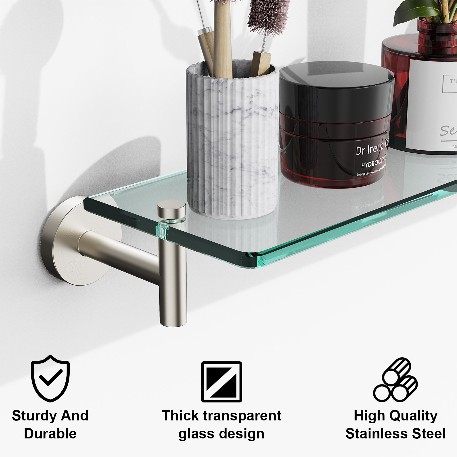 Bathroom Glass Shelf, Floating Stainless Steel Tempered Glass Wall Shelf, Rectangle, 20‑inch, Brushed Nickel, Modern, Wall Mounted, 2 Pack - 图片 5