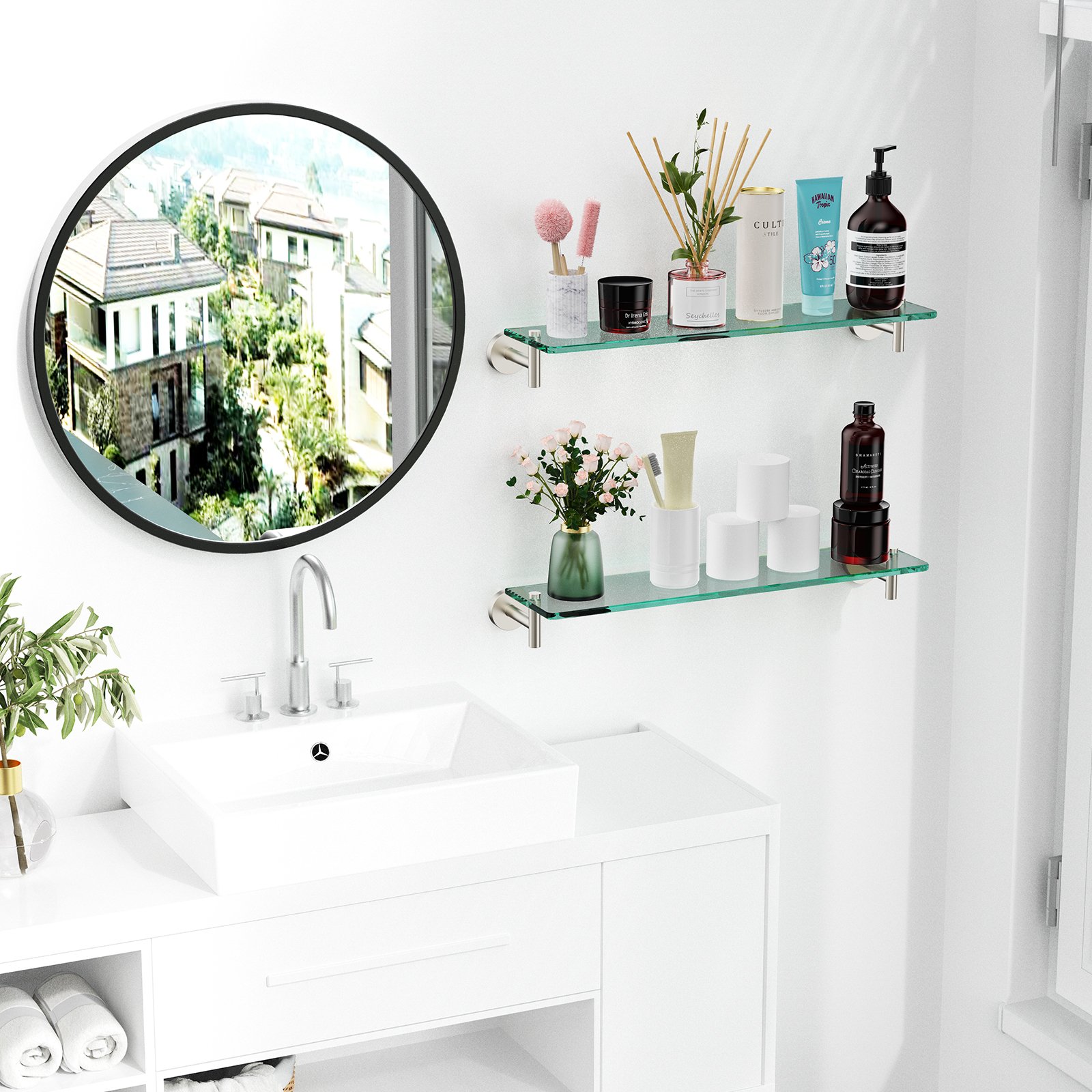 Bathroom Glass Shelf, Floating Stainless Steel Tempered Glass Wall Shelf, Rectangle, 20‑inch, Brushed Nickel, Modern, Wall Mounted, 2 Pack - 图片 3
