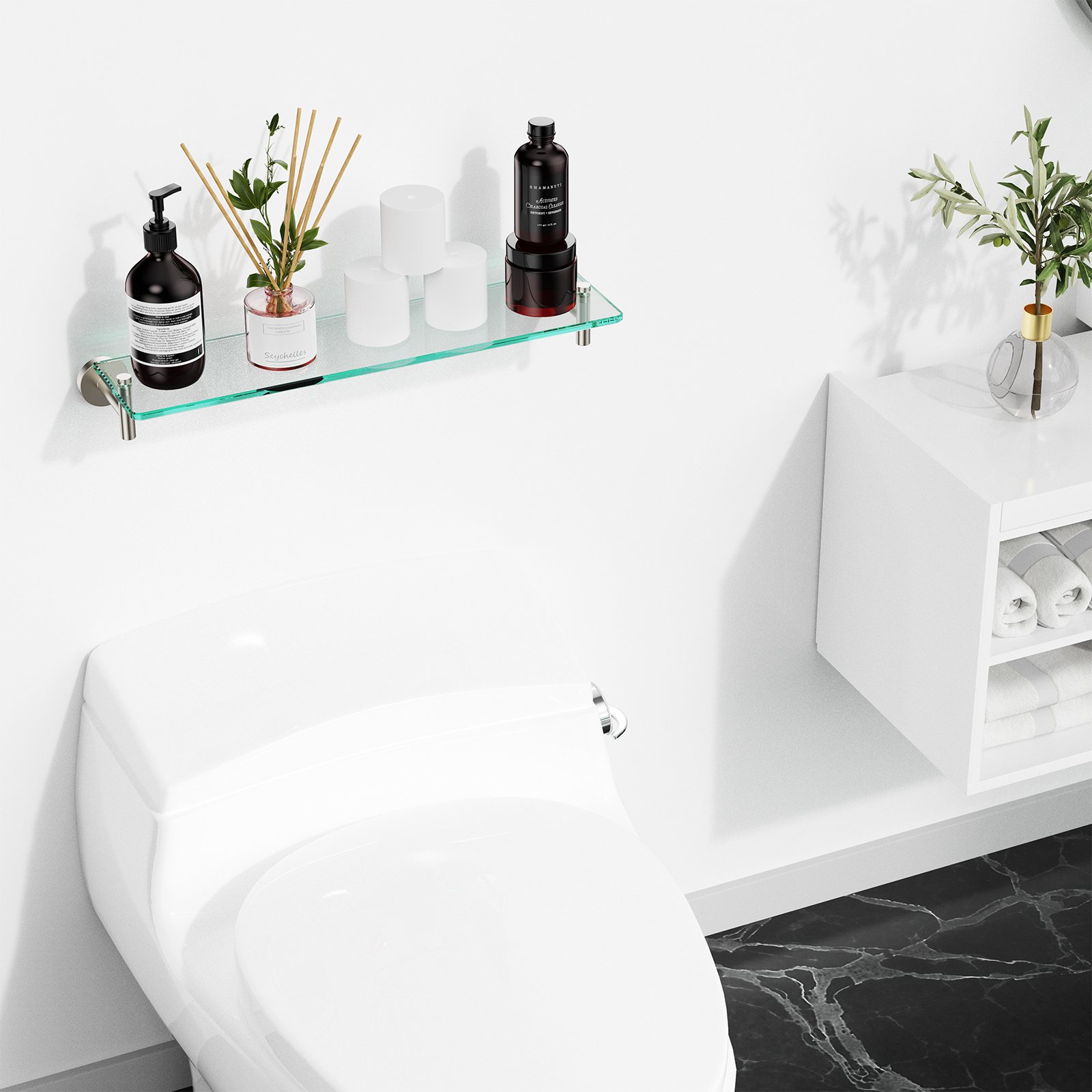 Bathroom Glass Shelf, Floating Stainless Steel Tempered Glass Wall Shelf, Rectangle, 20‑inch, Brushed Nickel, Modern, Wall Mounted, 2 Pack - 图片 2