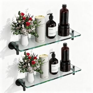 Bathroom Glass Shelf, Floating Stainless Steel Tempered Glass Wall Shelf, Rectangle, 16‑inch, Matte Black, Modern, Wall Mounted, 2 Pack