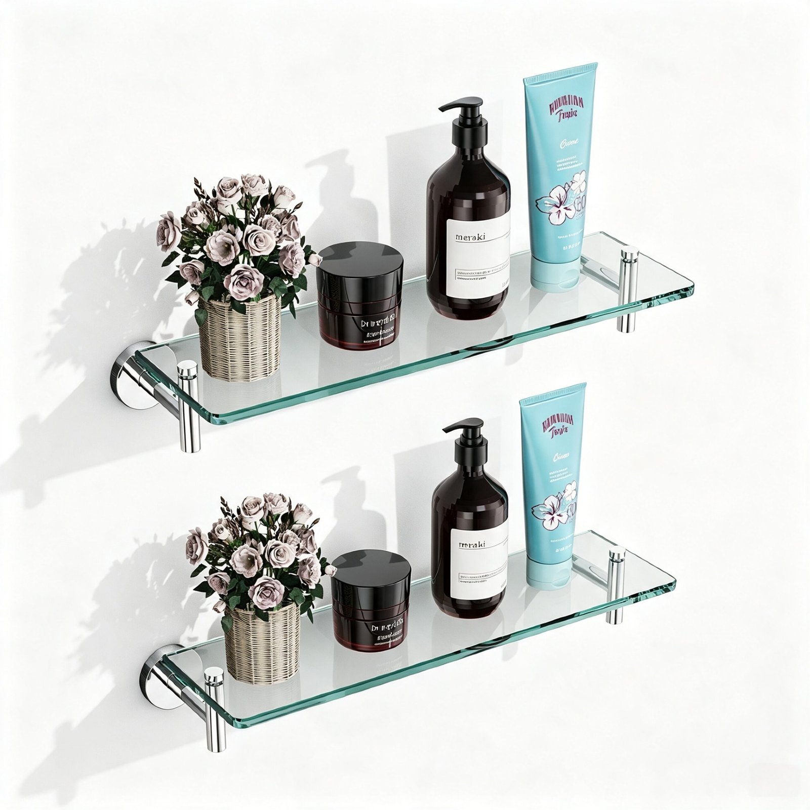 Bathroom Glass Shelf, Floating Tempered Glass Wall Shelf, Rectangle, 16‑inch, Chrome Polished, Modern, Wall Mounted, 2 Pack