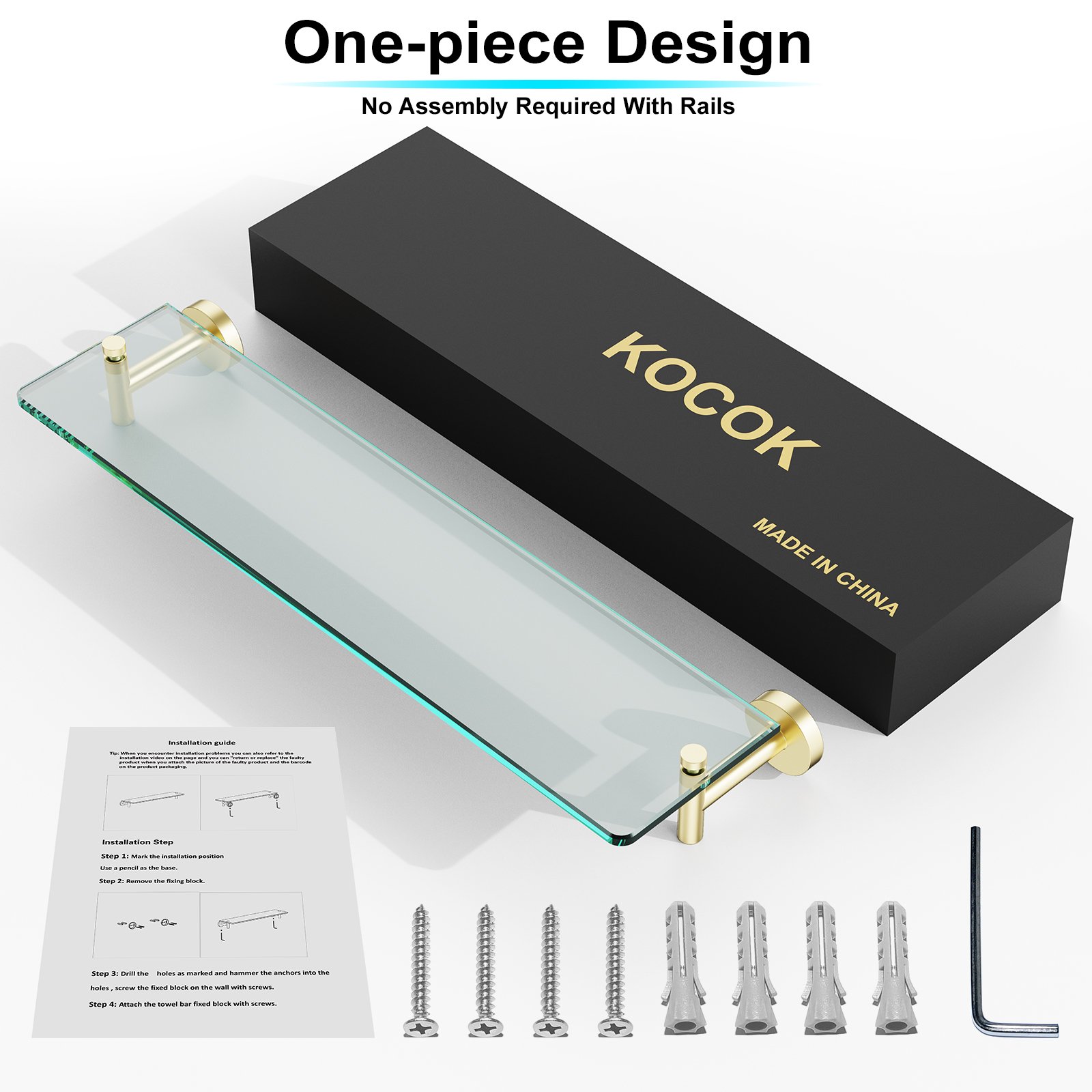 Bathroom Glass Shelf, Floating Stainless Steel Tempered Glass Wall Shelf, Rectangle, 20‑inch, Brushed Gold, Modern, Wall Mounted, 2 Pack - 图片 4