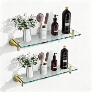 Bathroom Glass Shelf, Floating Stainless Steel Tempered Glass Wall Shelf, Rectangle, 16‑inch, Brushed Gold, Modern, Wall Mounted, 2 Pack