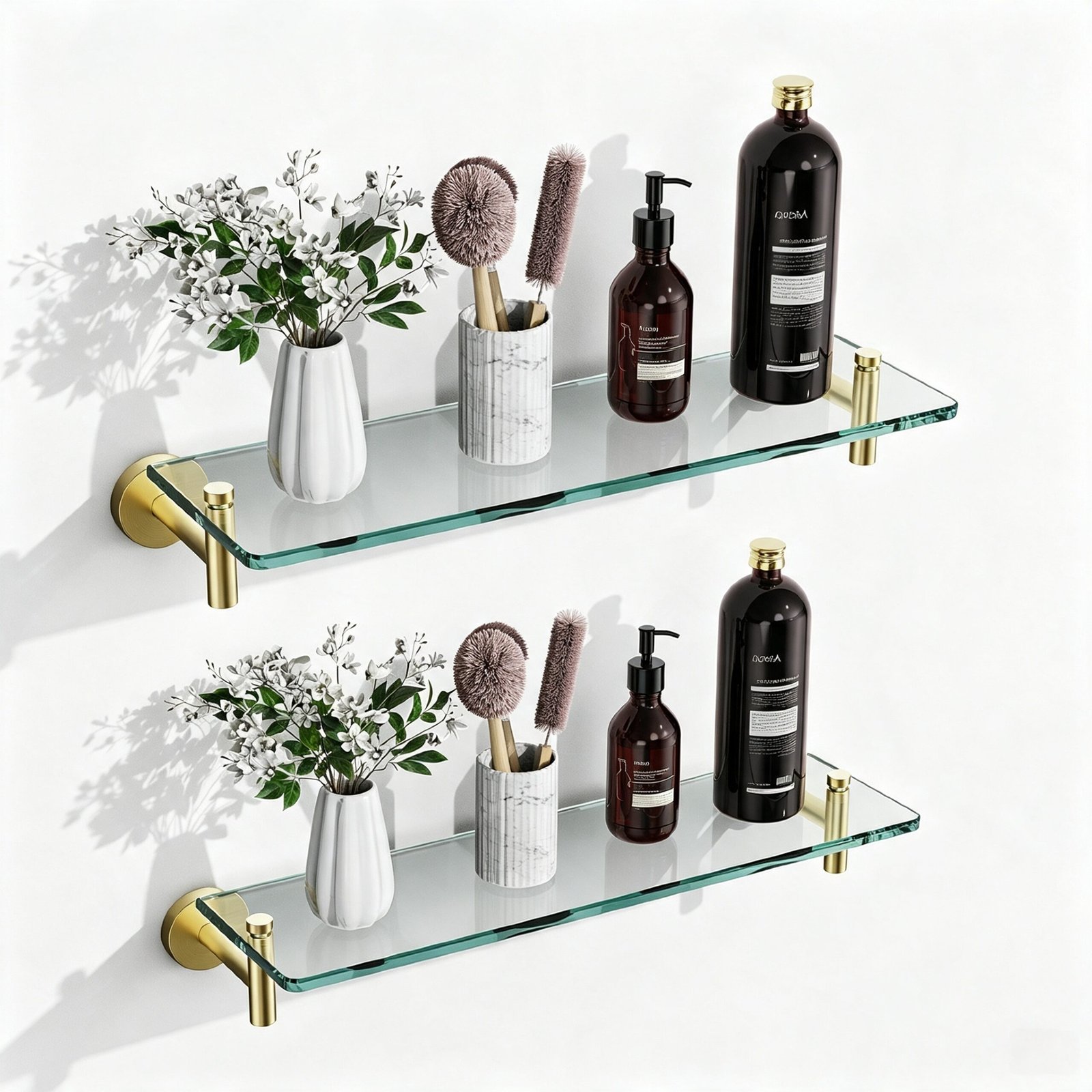 Bathroom Glass Shelf, Floating Stainless Steel Tempered Glass Wall Shelf, Rectangle, 16‑inch, Brushed Gold, Modern, Wall Mounted, 2 Pack