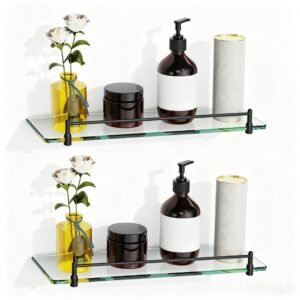 Bathroom Glass Shelf, Floating Stainless Steel Tempered Glass Wall Shelf, Rectangle, 16‑inch, Matte Black, Modern, Wall Mounted, 2 Pack