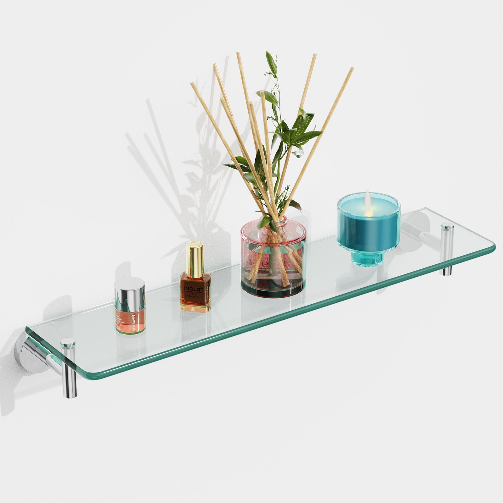 Bathroom Glass Shelf, Floating Stainless Steel Tempered Glass Wall Shelf, Rectangle, 20‑inch, Chrome Polished, Modern, Wall Mounted, 2 Pack - 图片 7