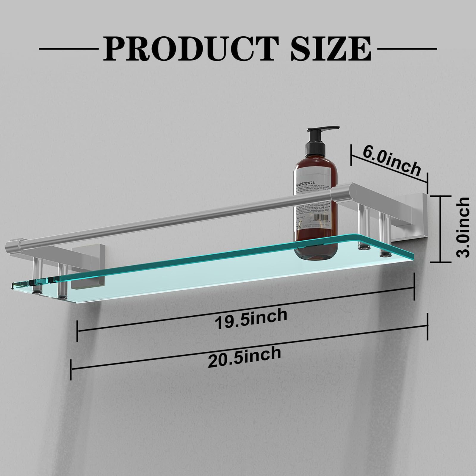 Bathroom Glass Shelf, Floating Tempered Glass Wall Shelf, Rectangle, 20‑inch with Full‑coverage Railing, Brushed Nickel, Modern, Wall Mounted, 2 Pack - 图片 7