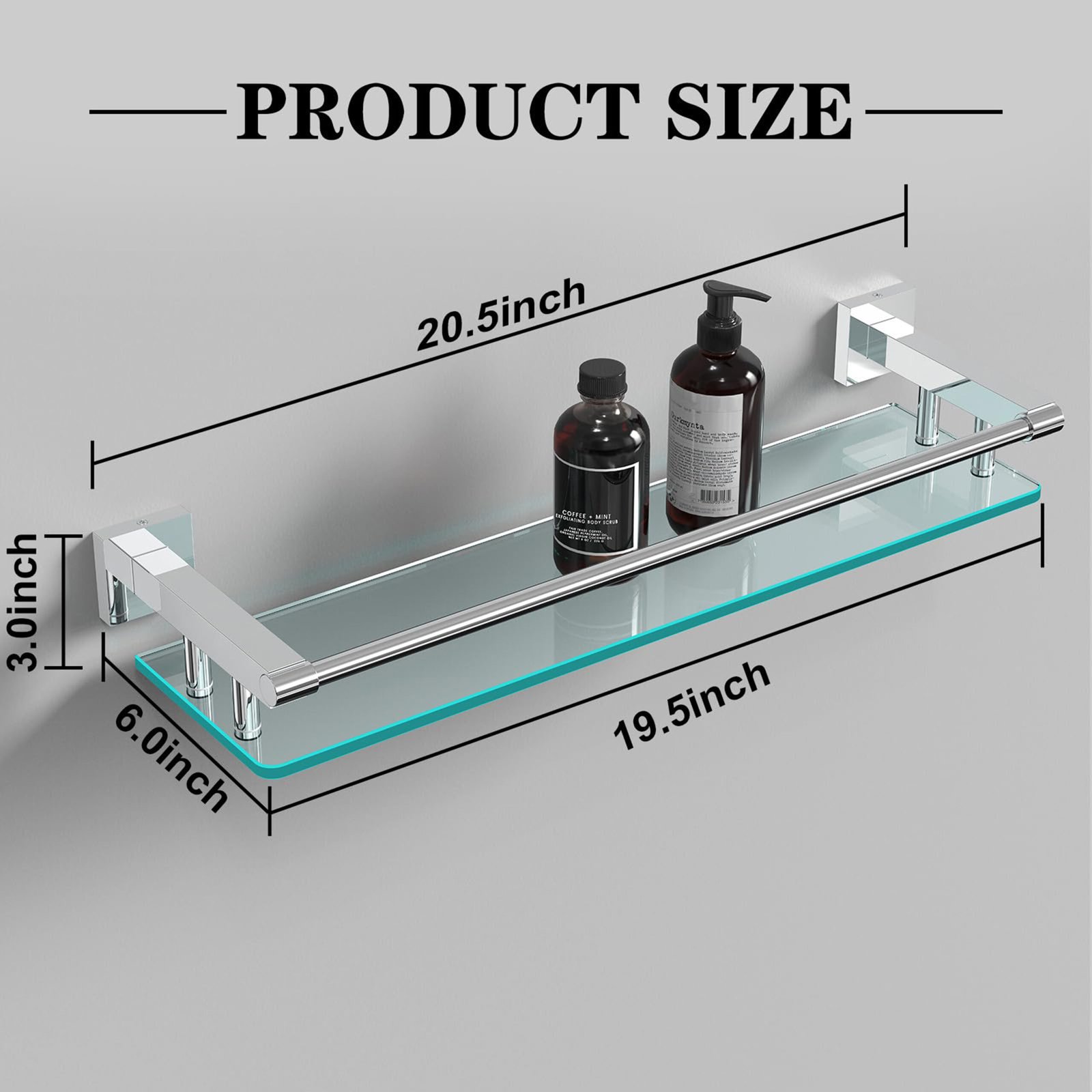 Bathroom Glass Shelf, Floating Tempered Glass Wall Shelf, Rectangle, 20‑inch with Full‑coverage Railing, Chrome Polished, Modern, Wall Mounted, 2 Pack - 图片 7