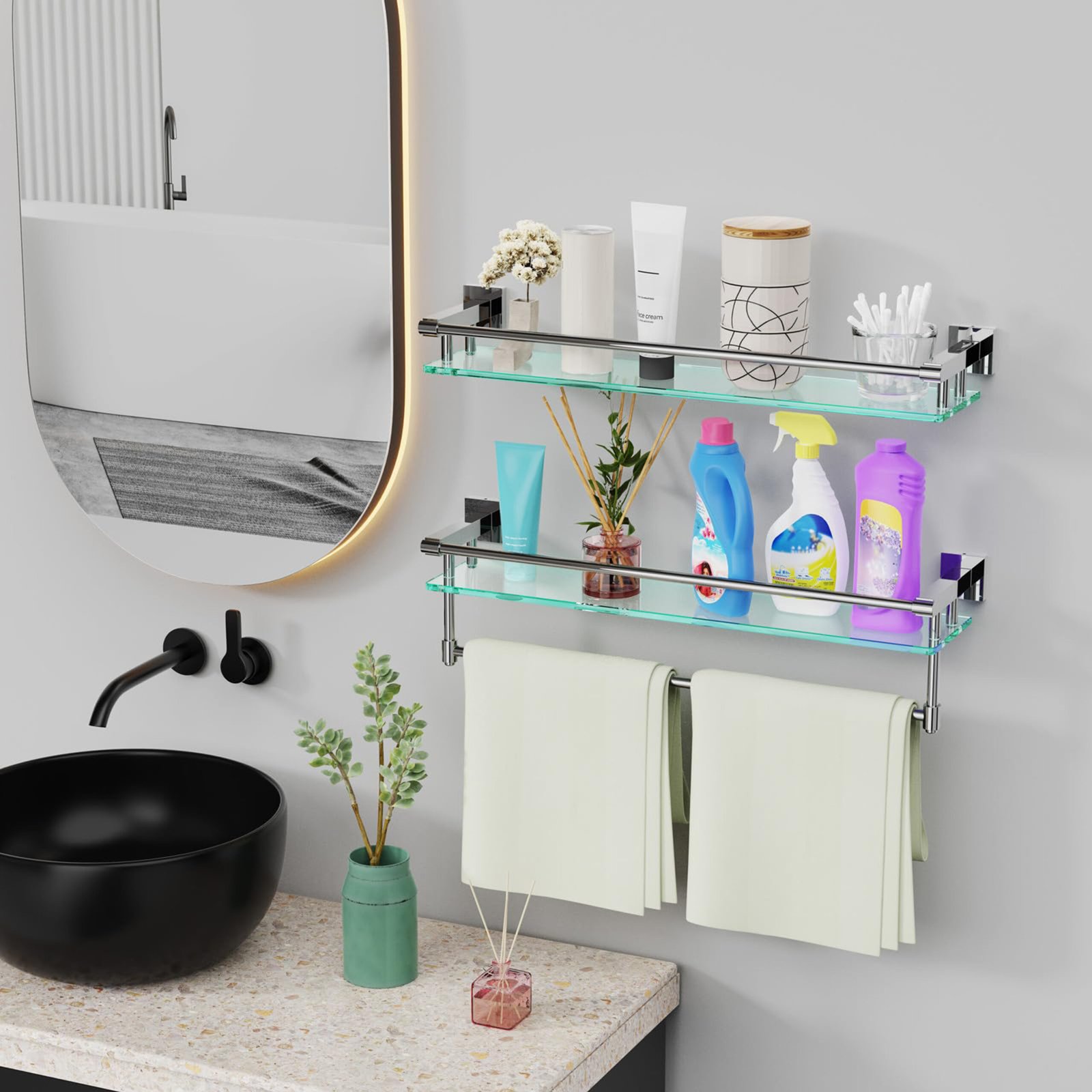 Bathroom Glass Shelf, Floating Tempered Glass Wall Shelf, Rectangle, 24‑inch with Full‑coverage Railing, Brushed Nickel, Modern, Wall Mounted, 2 Pack - 图片 6