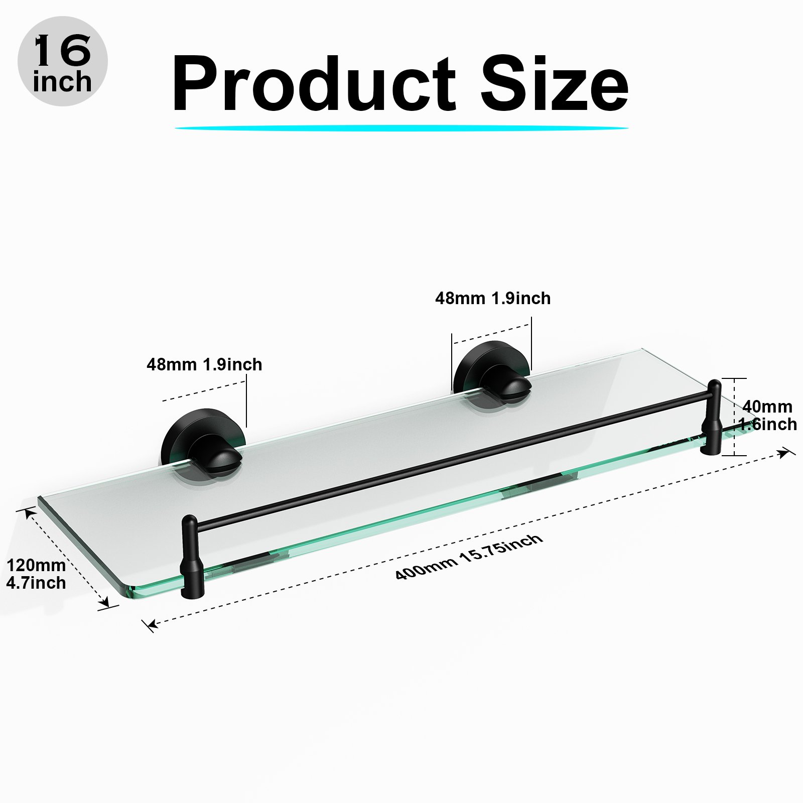 Bathroom Glass Shelf, Floating Stainless Steel Tempered Glass Wall Shelf, Rectangle, 16‑inch, Matte Black, Modern, Wall Mounted, 2 Pack - 图片 2