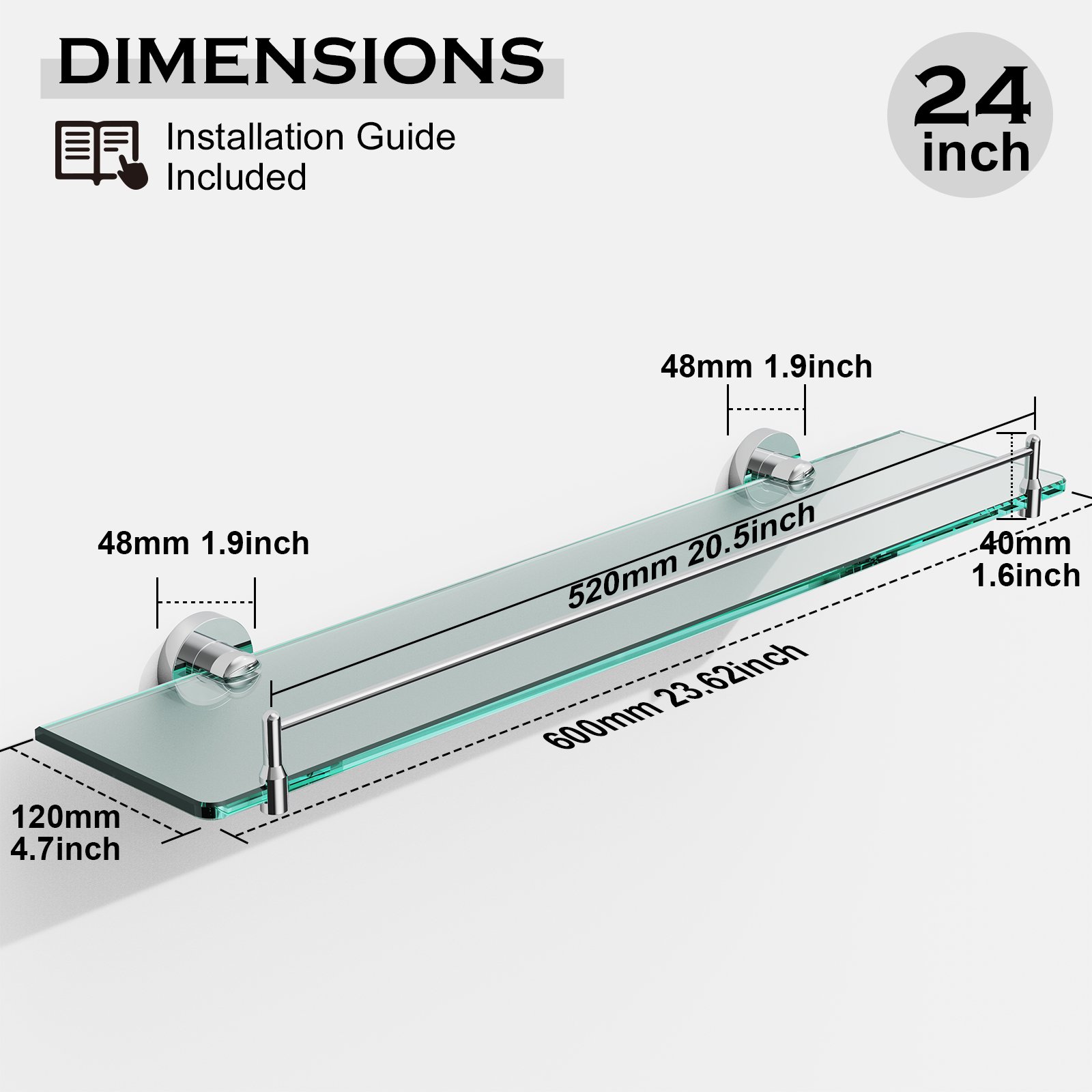 Bathroom Glass Shelf, Floating Stainless Steel Tempered Glass Wall Shelf, Rectangle, 24‑inch, Chrome Polished, Modern, Wall Mounted, 2 Pack - 图片 2