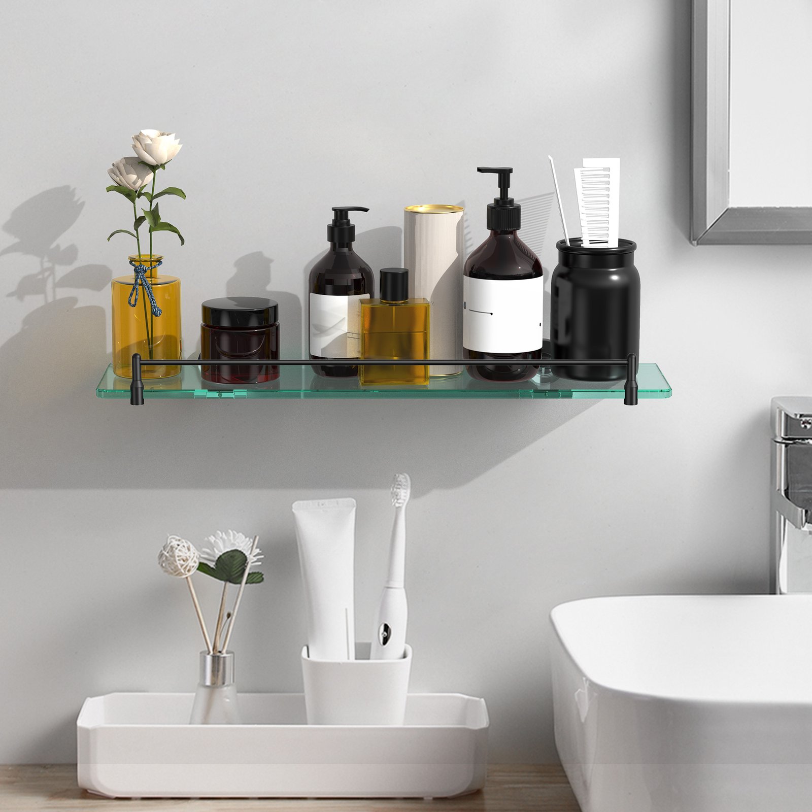 Bathroom Glass Shelf, Floating Stainless Steel Tempered Glass Wall Shelf, Rectangle, 20‑inch, Matte Black, Modern, Wall Mounted, 2 Pack - 图片 9