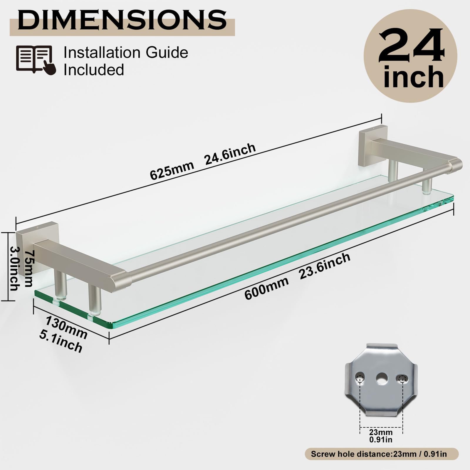 Bathroom Glass Shelf, Floating Tempered Glass Wall Shelf, Rectangle, 24‑inch with Full‑coverage Railing, Brushed Nickel, Modern, Wall Mounted, 2 Pack - 图片 6
